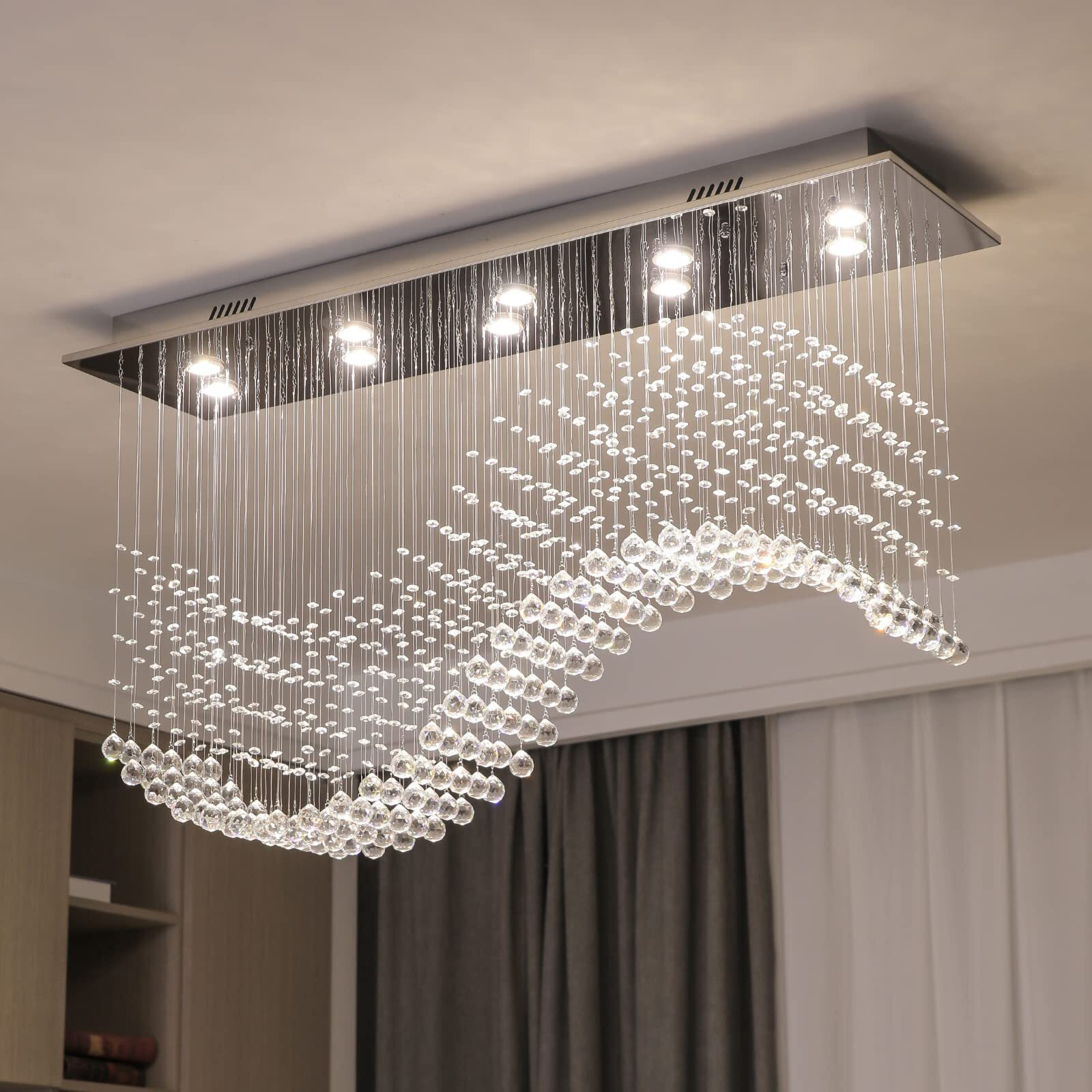 Siljoy Modern Crystal Chandelier, 10-Light Luxury Large Rectangle Wave Raindrop Chandelier, Rectangular Flush Mount Crystal Ceiling Light For Dining Room Kitchen Island L47'' X W11.8'' X H27.6''