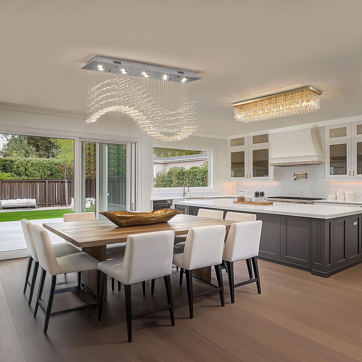 Siljoy Modern Crystal Chandelier, 10-Light Luxury Large Rectangle Wave Raindrop Chandelier, Rectangular Flush Mount Crystal Ceiling Light For Dining Room Kitchen Island L47'' X W11.8'' X H27.6''
