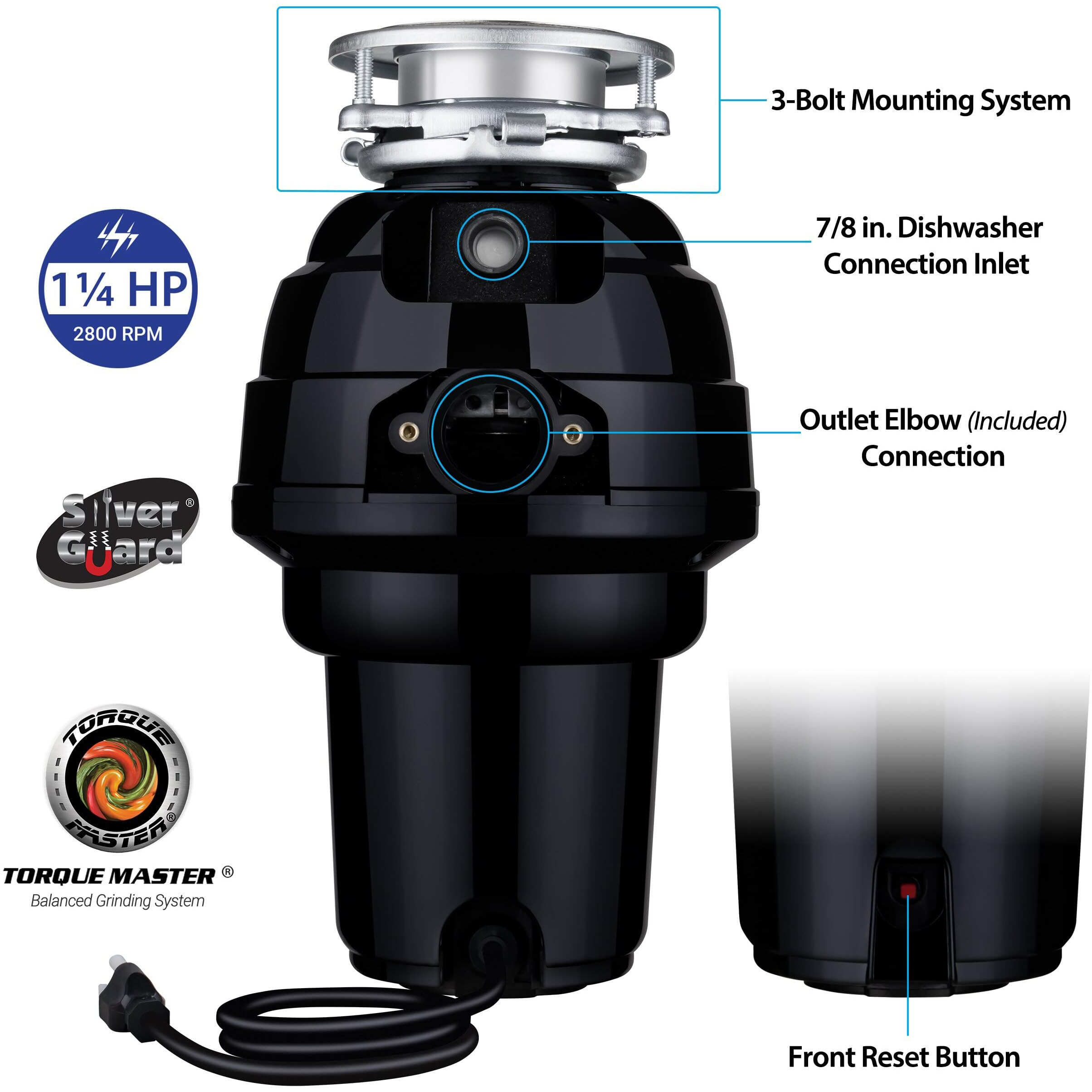 Eco Logic 1 1/4 Horsepower Garbage Disposal With Removeable Splash Guard, Attached Power Cord And Standard 3-Bolt Mounting System, Continuous Feed Disposer