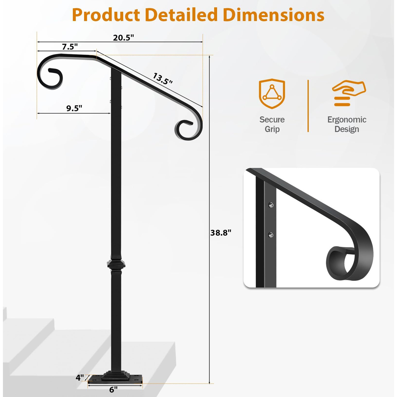 Zwinz Handrail Railing, Single Post Handrail, Sturdy Outdoor Handrails With Base, Wrought Iron Stair Handrail Fits 1 Or 2 Steps, Grab Rail For Steps Porch, Black