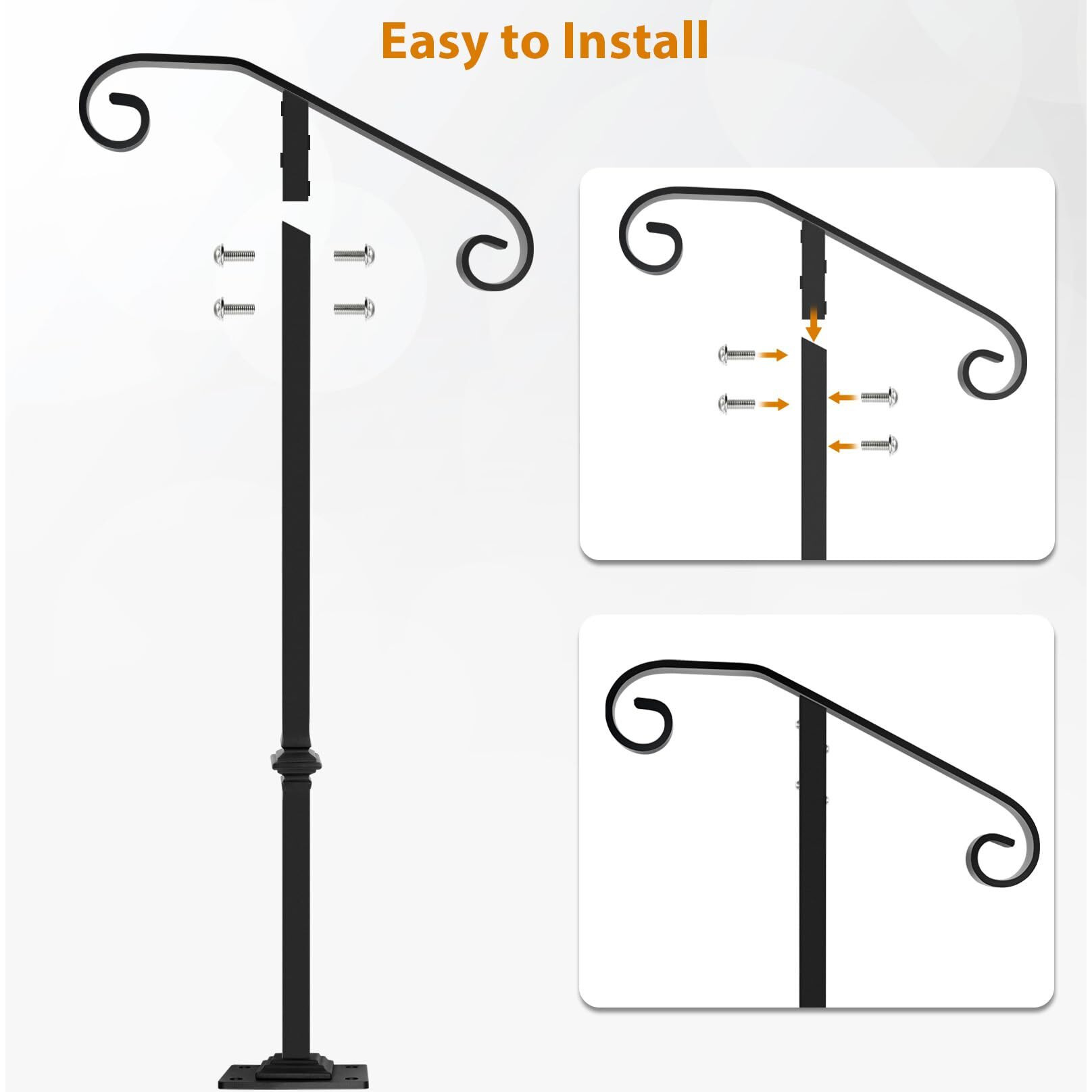 Zwinz Handrail Railing, Single Post Handrail, Sturdy Outdoor Handrails With Base, Wrought Iron Stair Handrail Fits 1 Or 2 Steps, Grab Rail For Steps Porch, Black