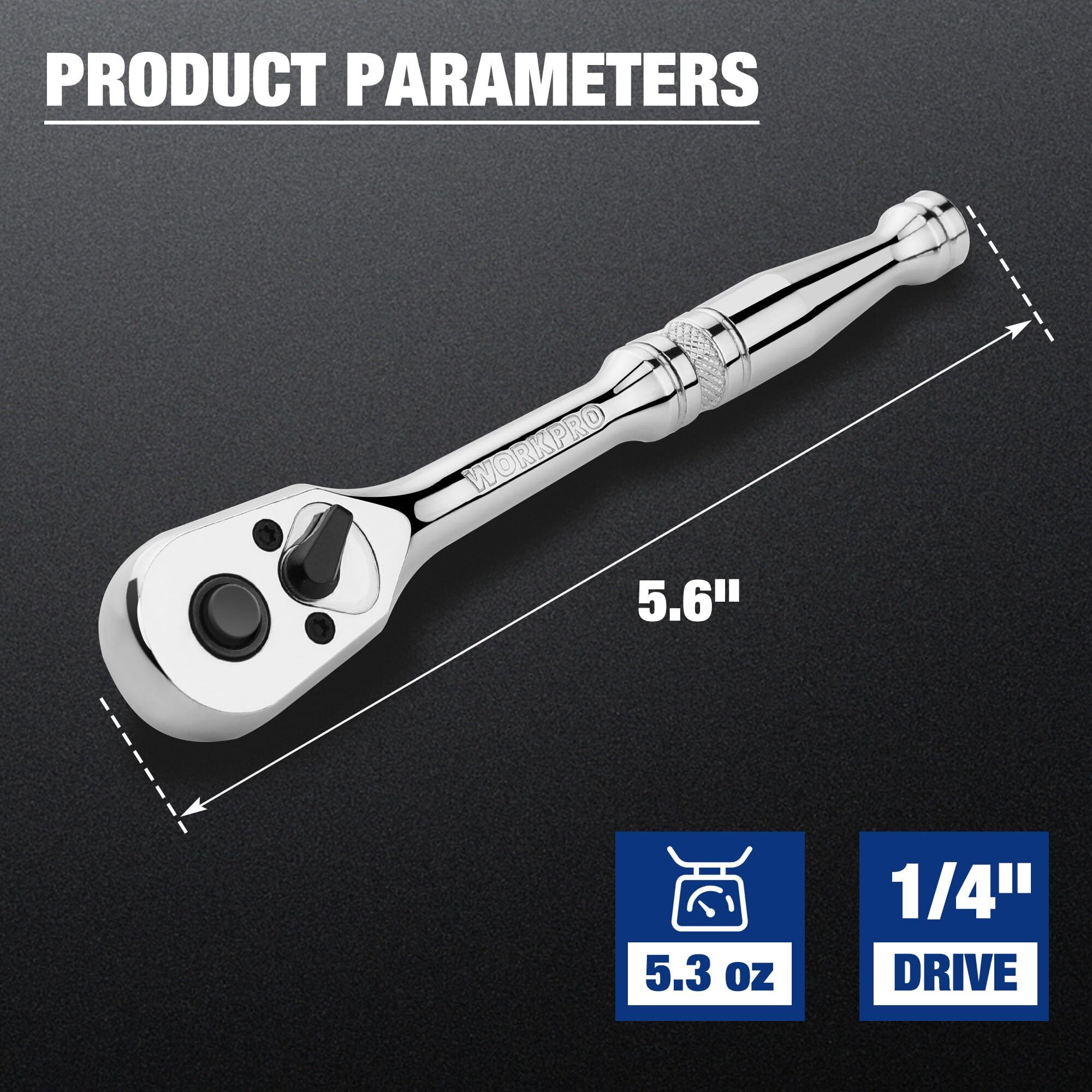 Workpro 1/4-Inch Drive Ratchet, Quick-Release Reversible Ratchet Wrench, 72-Tooth 1/4 Drive Ratchet Handle, Chrome Alloy Made, Cr-Mo Head, Full Polished