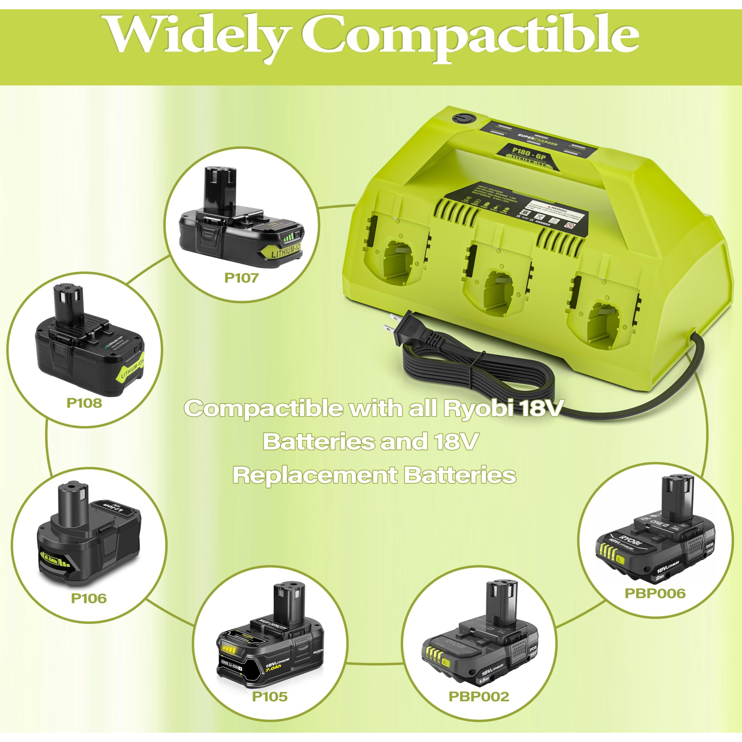 Dmmns P180-6 Ports Rapid Charger Replacement For Ryobi 18V One+ Supercharger P135 18V Six-Pack Lithium-Ion Charger,Compatible With All Ryobi One+ 18 Volt Battery Without Usb Port P135