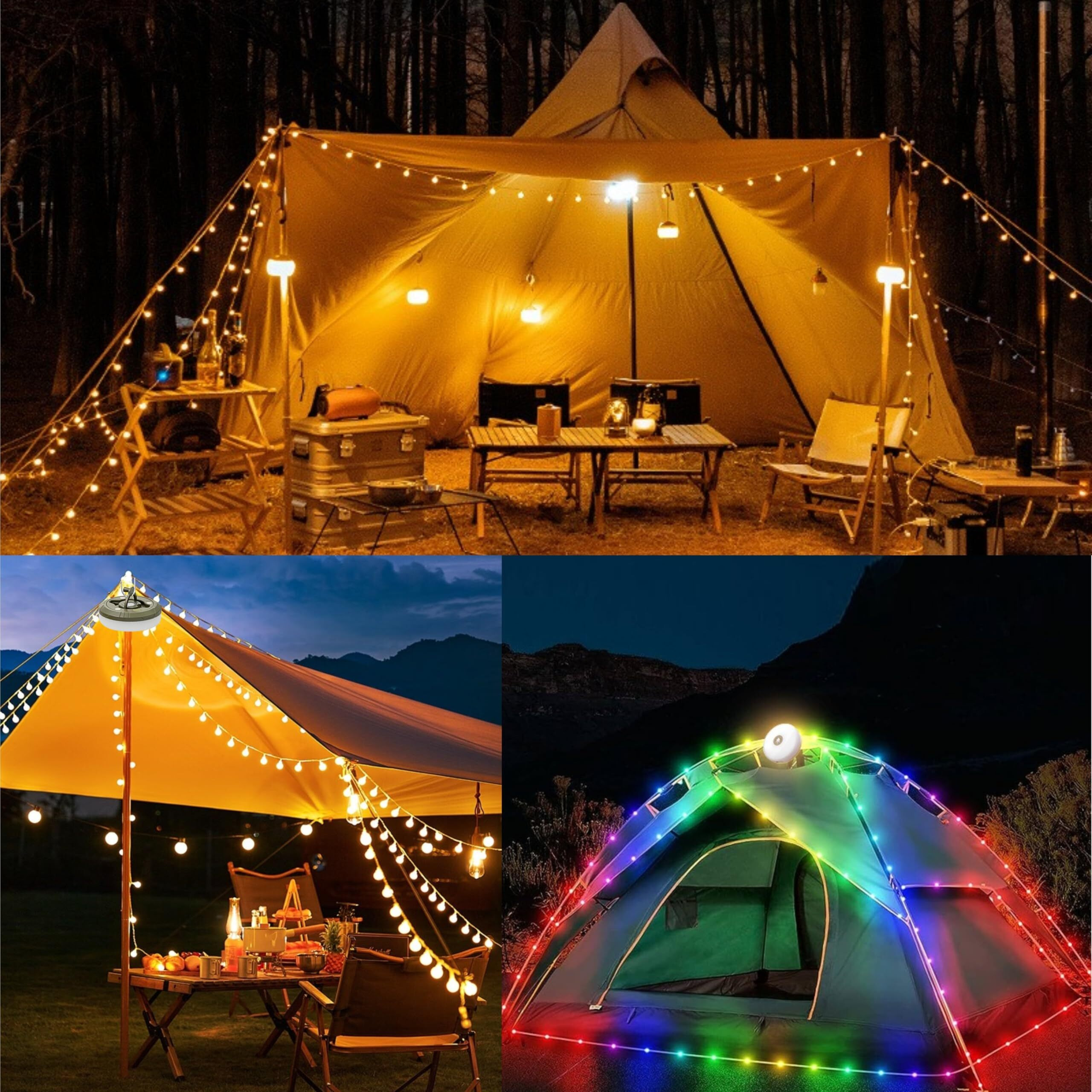 Camping String Lights,Camping Essentials Gear 32.8Ft Lamp Lights Waterproof, 4 In 1 Outdoor String Lights With 8 Modes For Awn Tent Yard Garden Hiking Travel Decoration And Holiday Christmas Gift