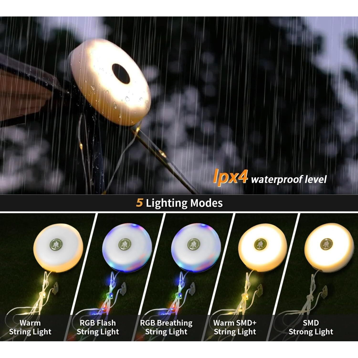 Camping String Lights,Camping Essentials Gear 32.8Ft Lamp Lights Waterproof, 4 In 1 Outdoor String Lights With 8 Modes For Awn Tent Yard Garden Hiking Travel Decoration And Holiday Christmas Gift