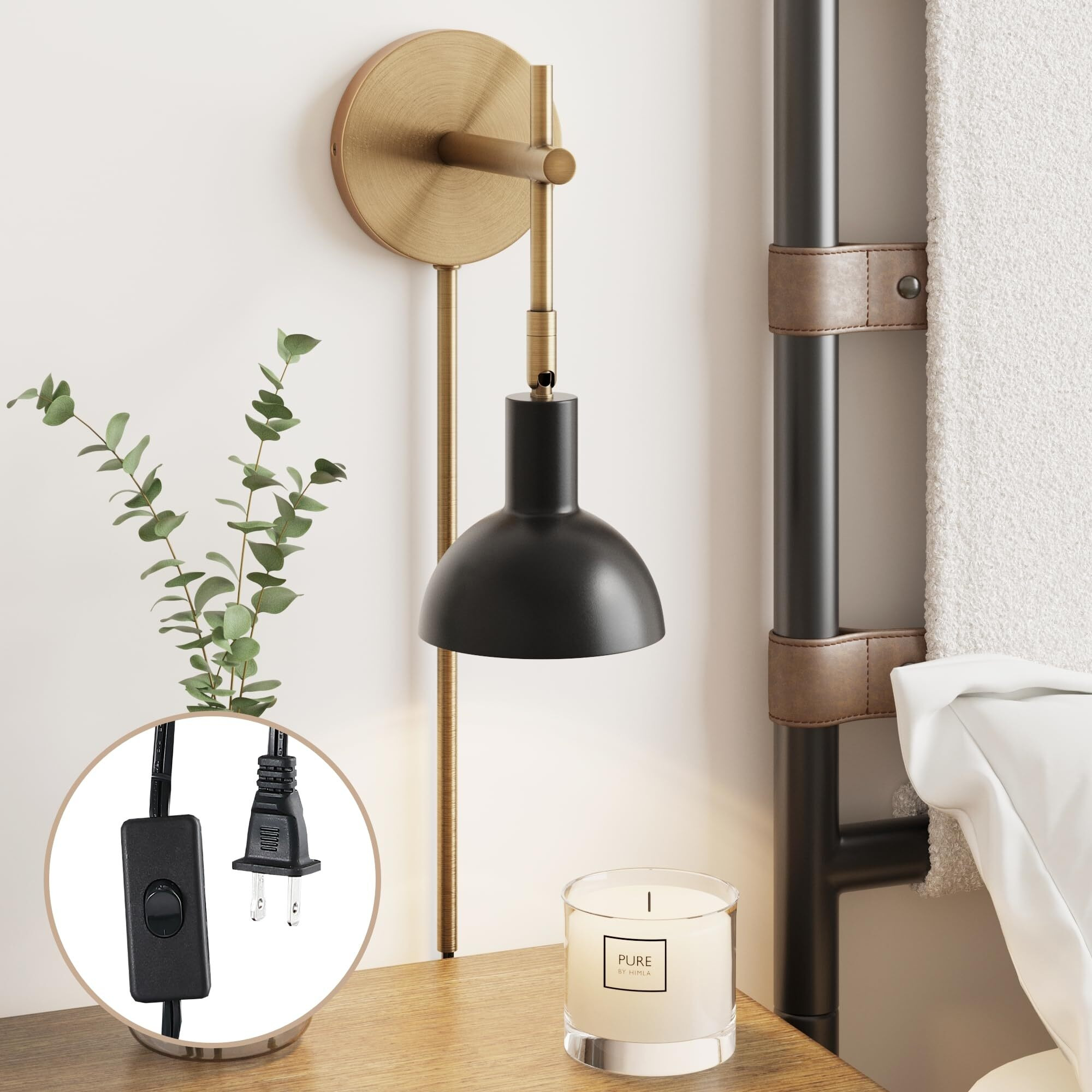 Nathan James Tamlin Wall Light Fixture, Wall Mounted 1-Light Lamp, Plugin Sconce With On/Off Switch For Living Room, Reading Nook Or Bedroom, Vintage Brass/Matte Black