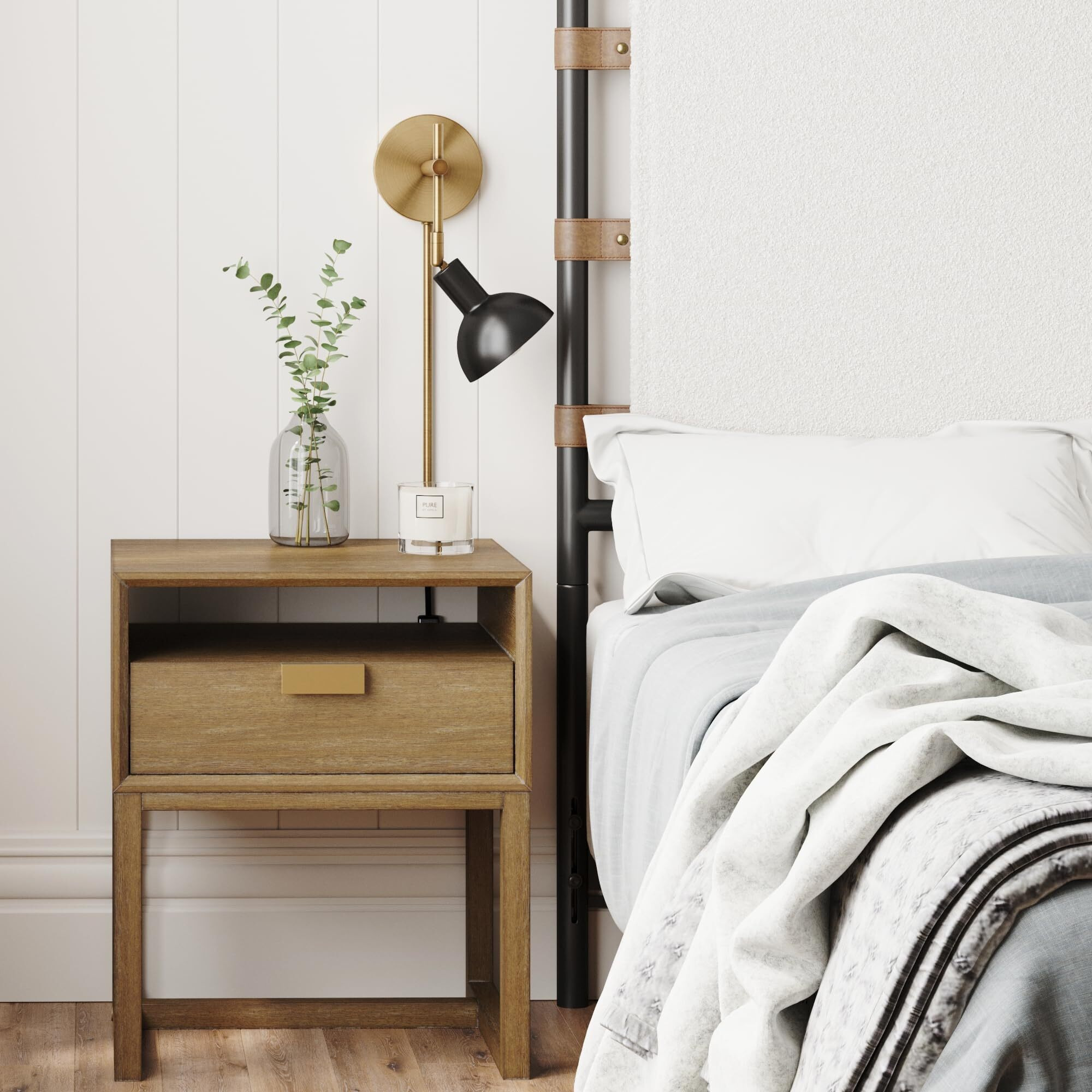 Nathan James Tamlin Wall Light Fixture, Wall Mounted 1-Light Lamp, Plugin Sconce With On/Off Switch For Living Room, Reading Nook Or Bedroom, Vintage Brass/Matte Black