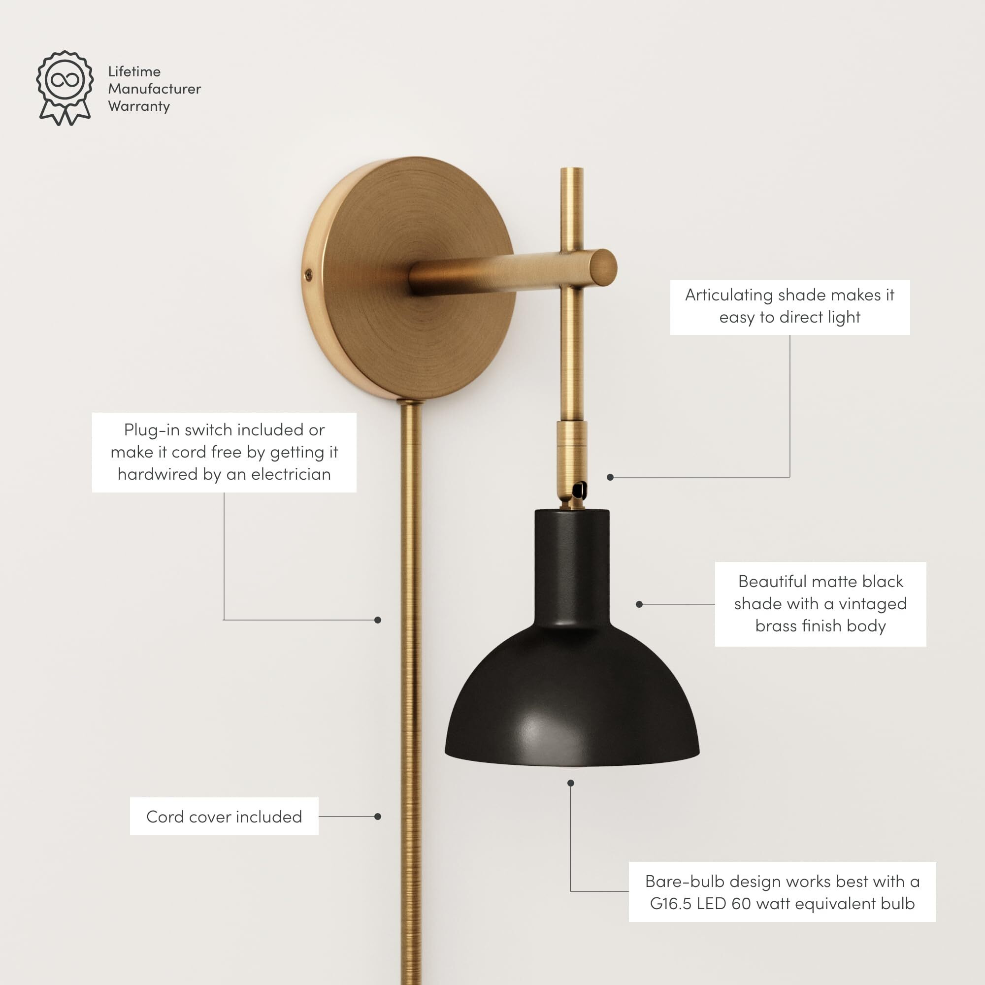 Nathan James Tamlin Wall Light Fixture, Wall Mounted 1-Light Lamp, Plugin Sconce With On/Off Switch For Living Room, Reading Nook Or Bedroom, Vintage Brass/Matte Black