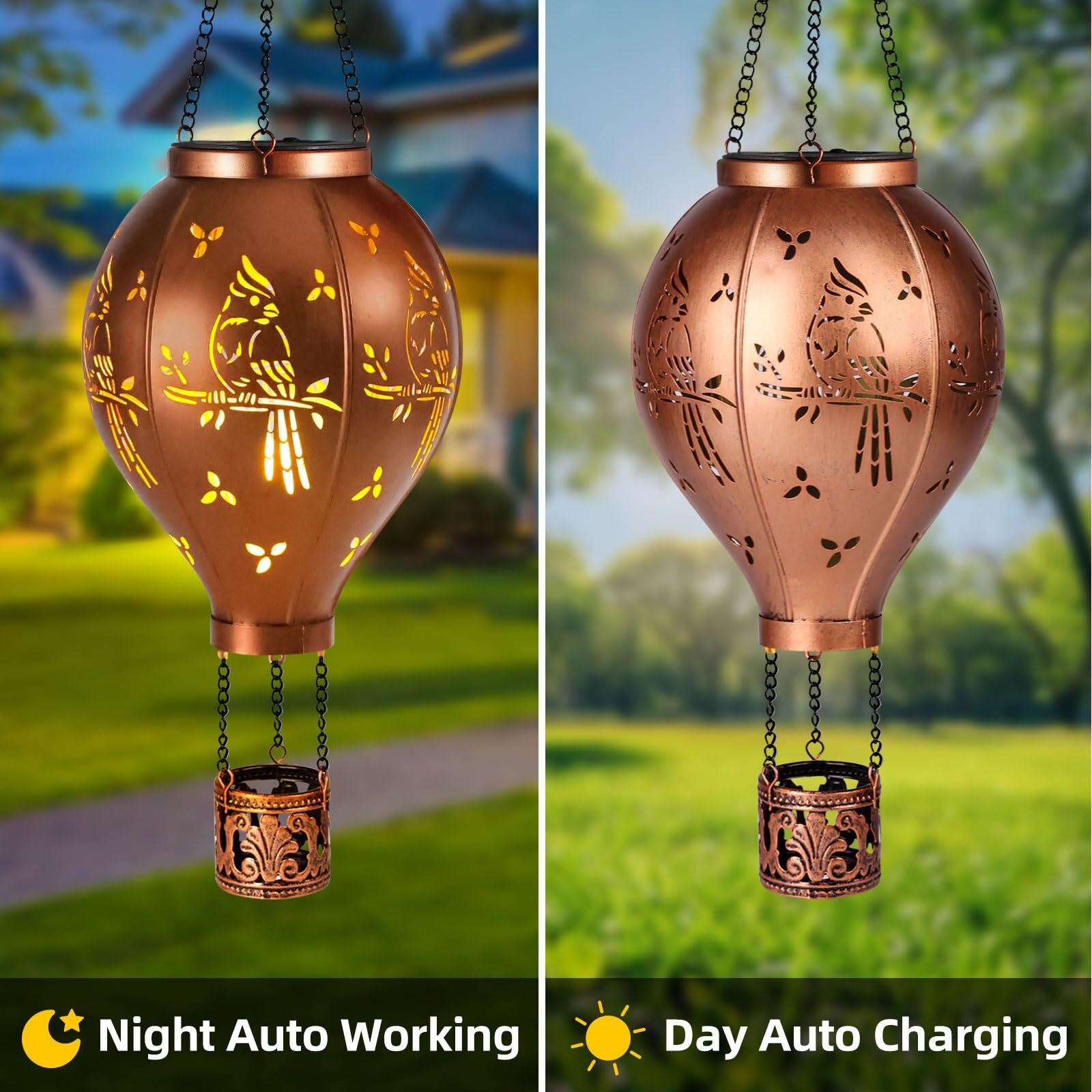 Solar Lanterns Outdoor Waterproof Cardinal Hot Air Balloon Metal Hanging Led Lantern Decoration Garden,Patio,Yard,Porch For Christmas Decor Gifts For Women Mom Friends