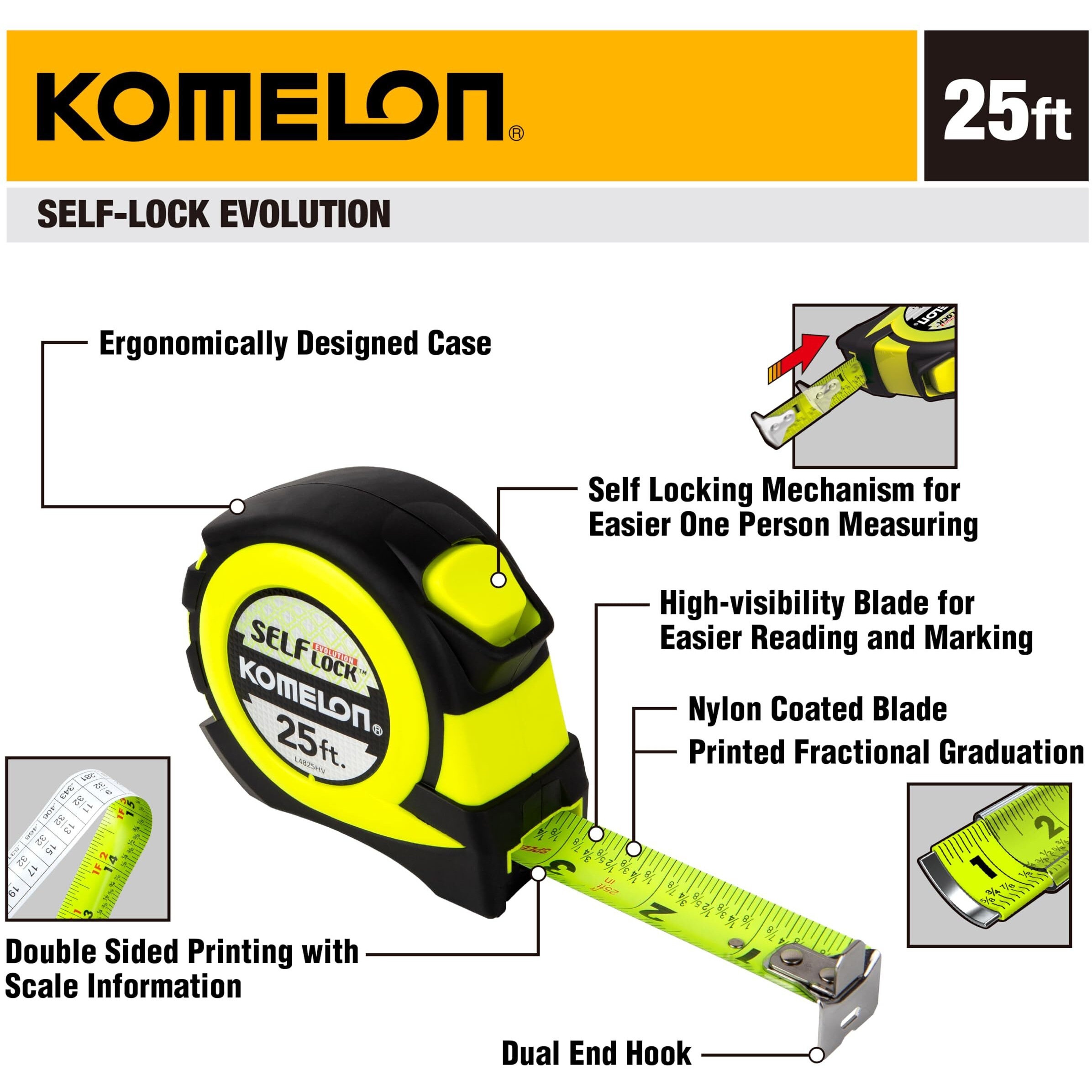 Komelon 25' Self Lock Hi-Vis Speedmark Tape Measure