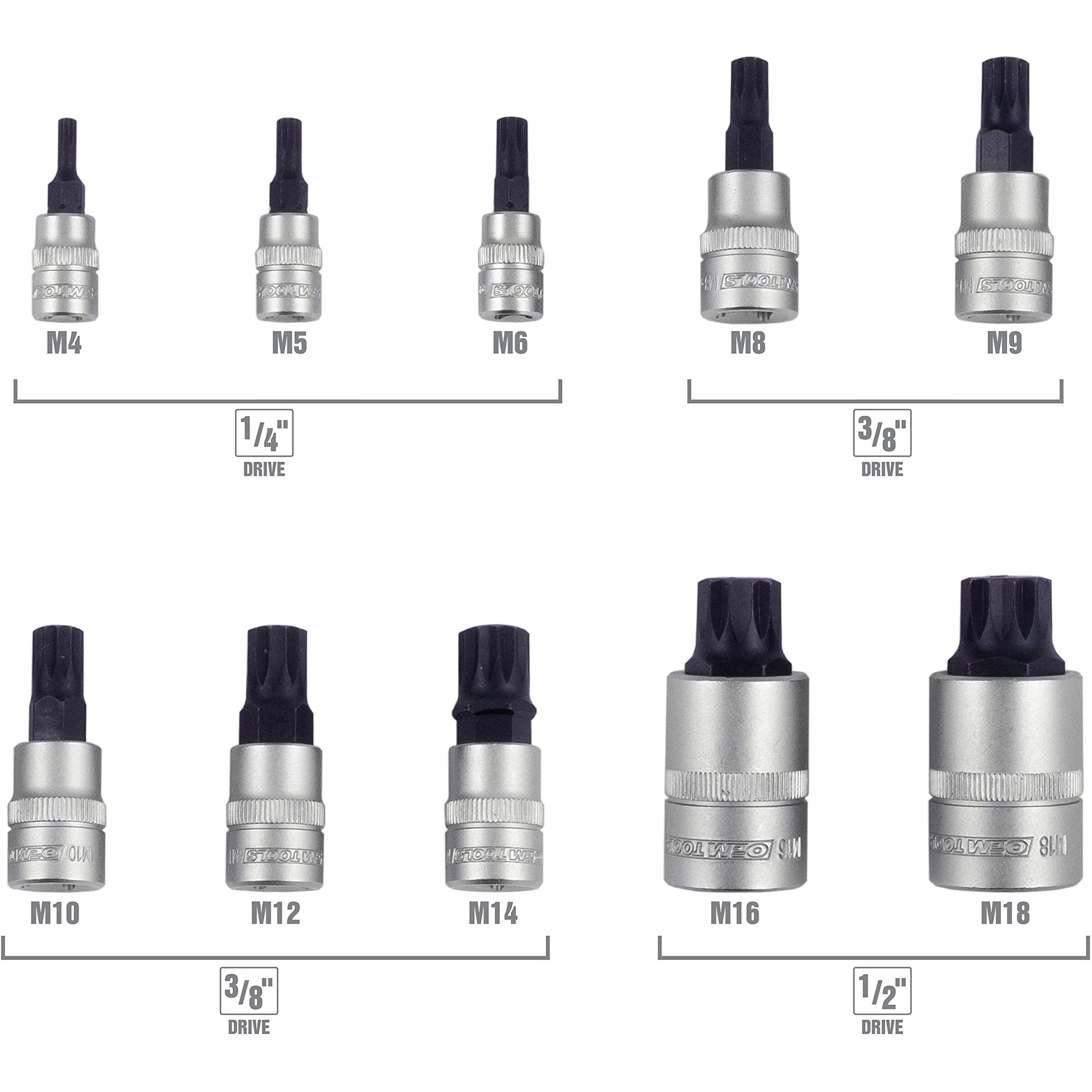 Oemtools 23906 Triple Square Bit Set, Spline Socket Set 10 Piece, Magnetic Triple Square Socket Set, Triple Square Sockets Ideal For Automotive Repairs, Rust-Resistant Finish, M4-M18 Sizes