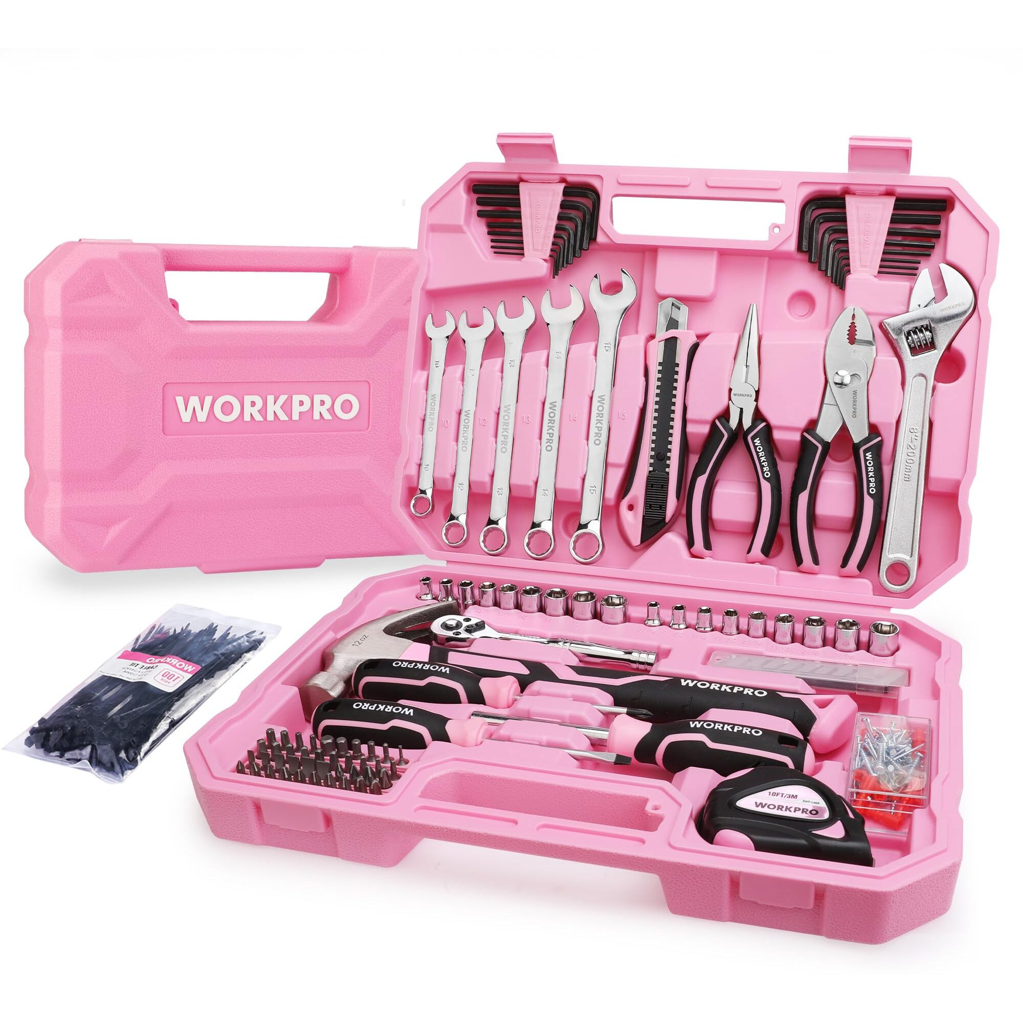 Workpro Pink Tool Set, 284 Pcs Tool Kit For Women, Basic Household Pink Tool Box With Sockets, Pliers, Ratchet Handle, Portable Toolkit For Home Repair, New Apartment, House-Warming, Diy - Pink Ribbon