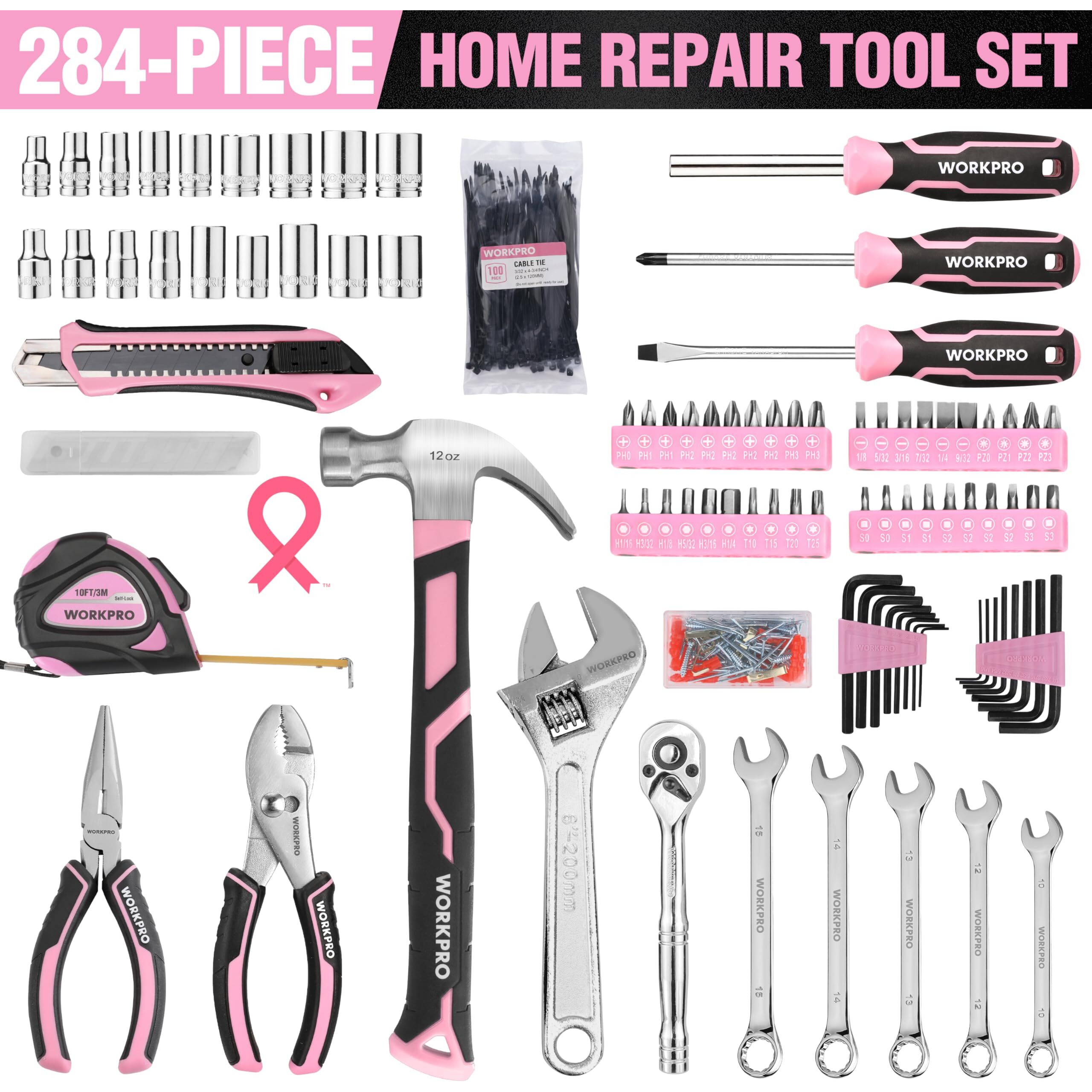 Workpro Pink Tool Set, 284 Pcs Tool Kit For Women, Basic Household Pink Tool Box With Sockets, Pliers, Ratchet Handle, Portable Toolkit For Home Repair, New Apartment, House-Warming, Diy - Pink Ribbon
