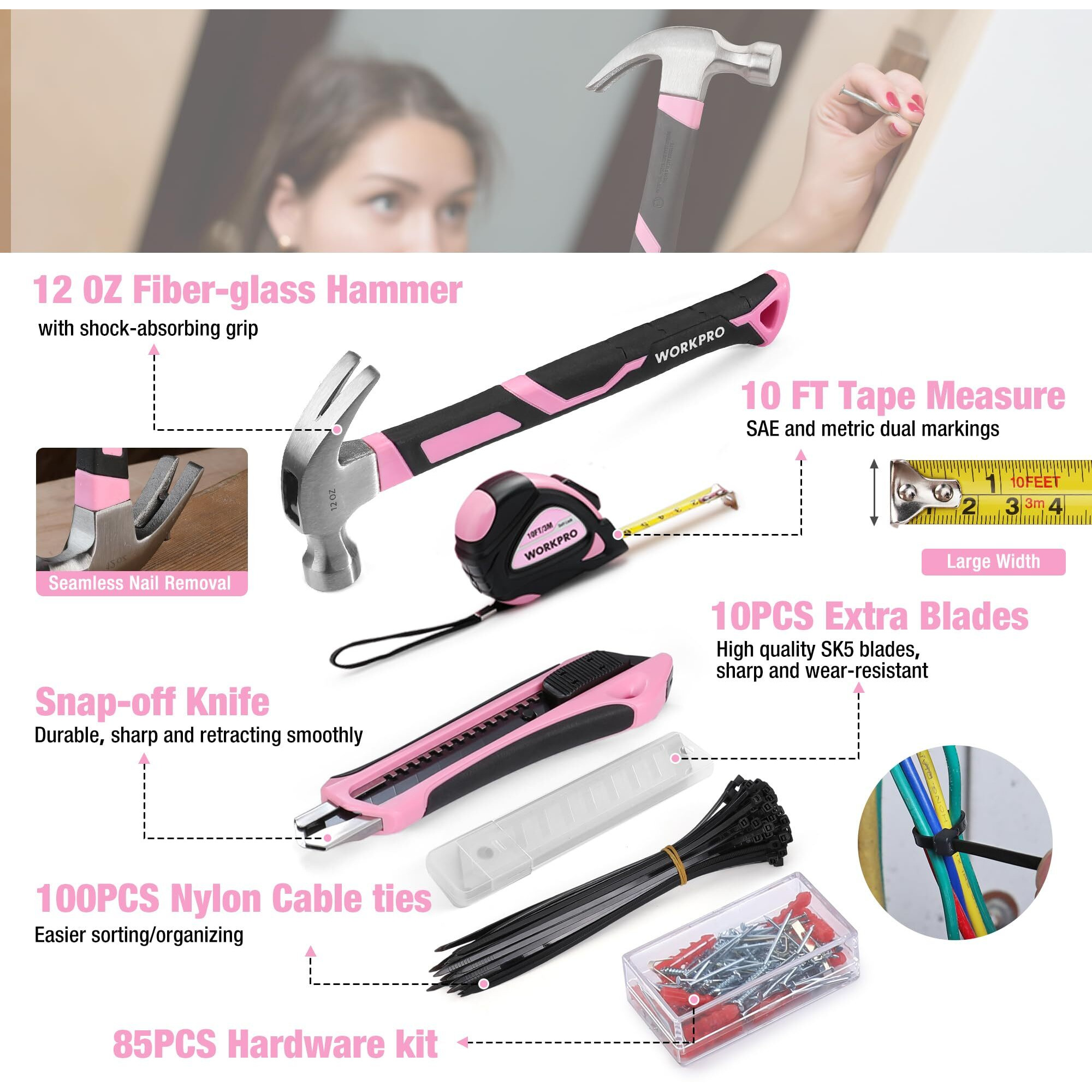 Workpro Pink Tool Set, 284 Pcs Tool Kit For Women, Basic Household Pink Tool Box With Sockets, Pliers, Ratchet Handle, Portable Toolkit For Home Repair, New Apartment, House-Warming, Diy - Pink Ribbon