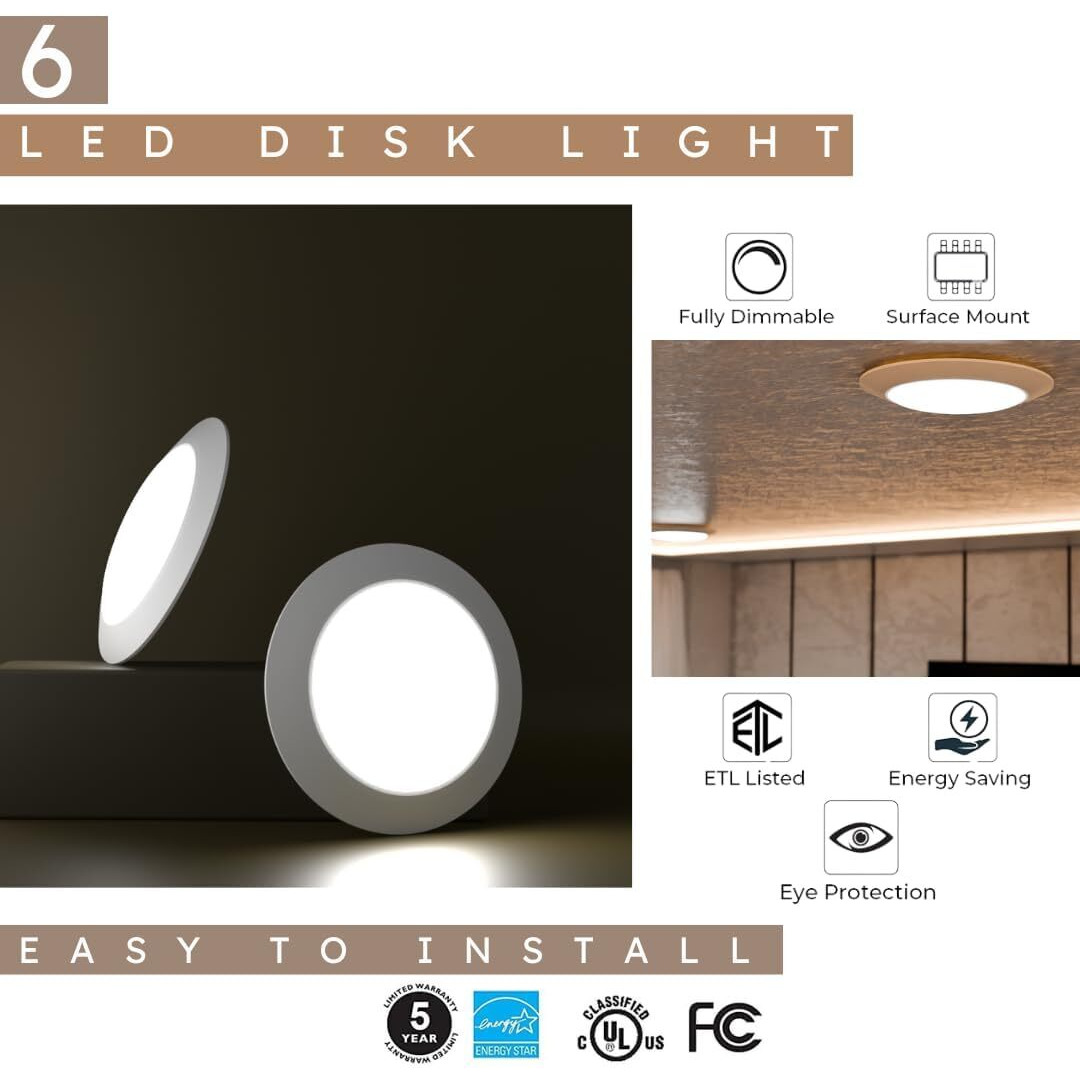 Lunabode Led 7.5 Inch Flush Mount Ceiling Light Fixture| 16.5W, 1500Lm, 120V, 6000K Modern Kitchen Recessed Ceiling Lamp | Wet Location Dimmable Led Light | Etl, 4/6"" J-Box, White (24 Pack)