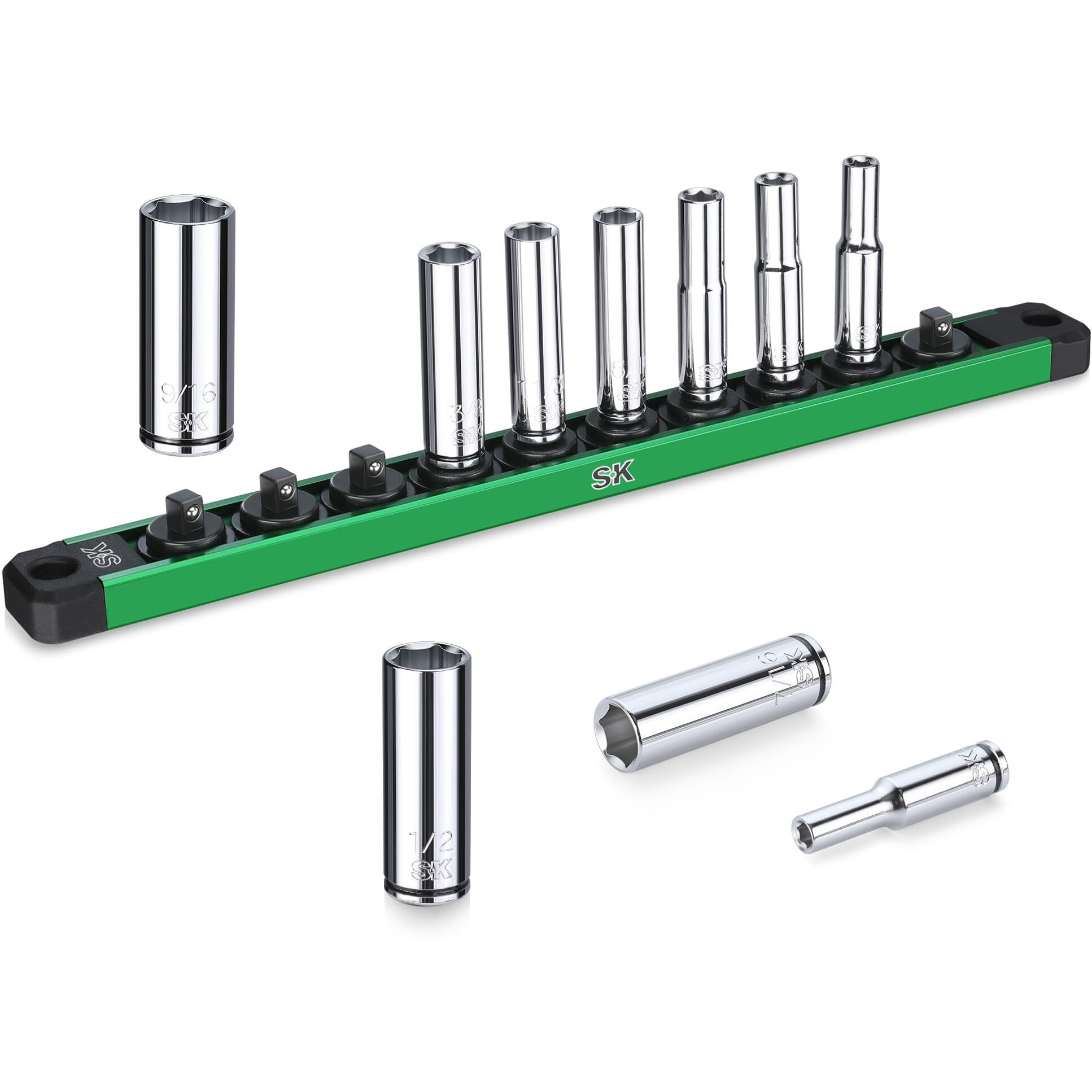 Sk 1/4"" Drive Socket Set, Deep Sae Sockets, 10-Piece 3/16"" To 9/16 "", Superkrome Finish, Premium Cr-V Construction, With Aluminum Socket Organizer
