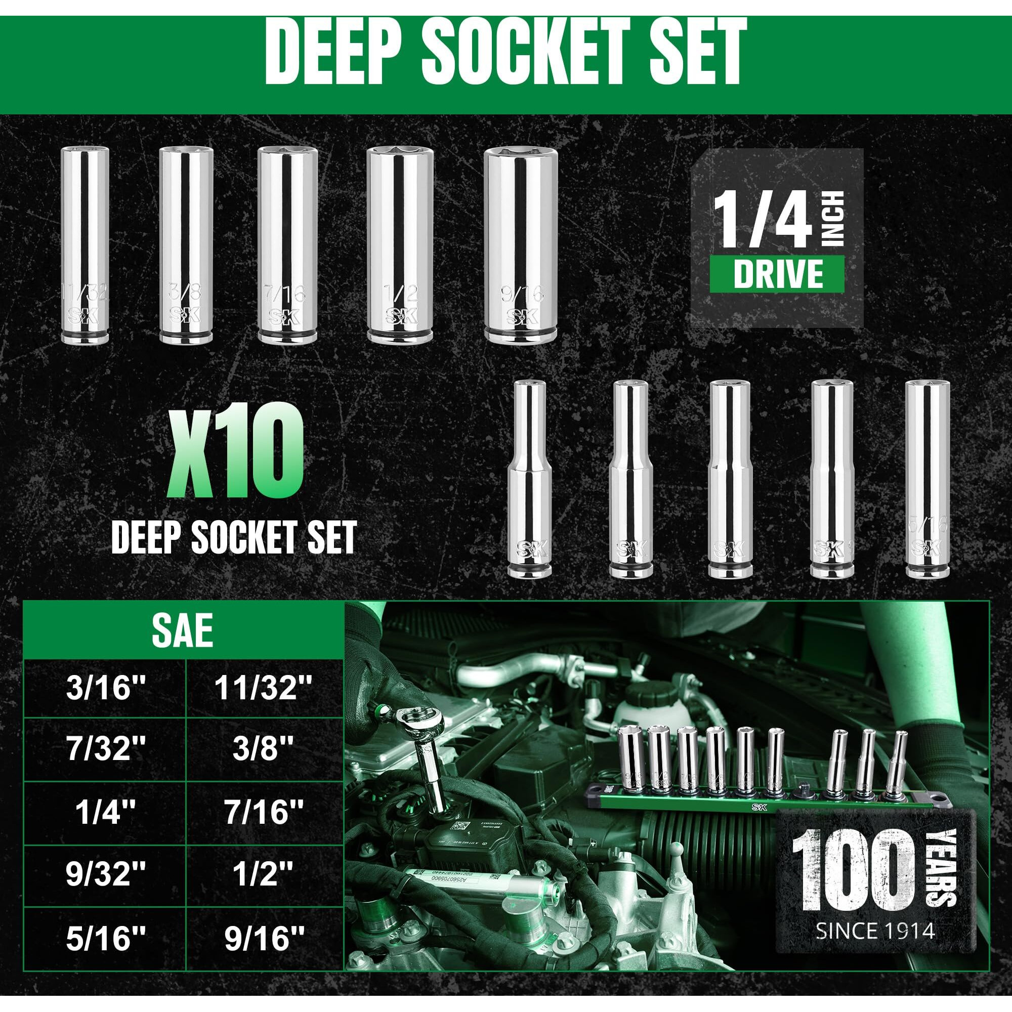 Sk 1/4"" Drive Socket Set, Deep Sae Sockets, 10-Piece 3/16"" To 9/16 "", Superkrome Finish, Premium Cr-V Construction, With Aluminum Socket Organizer