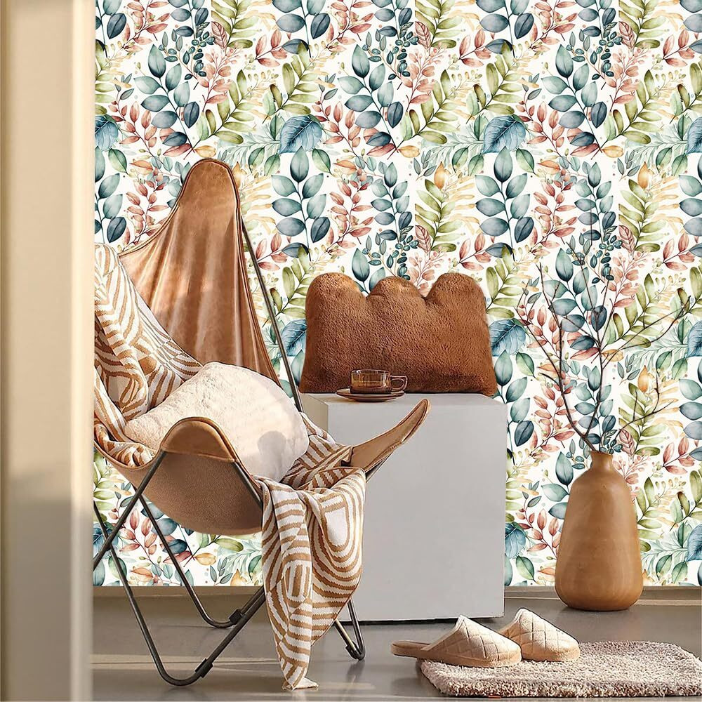 Beetal Colorful Leaf Green/Teal/Grass/Brown Botanical Peel And Stick Wallpaper Easy Peel Off Contact Paper Stick On Adhesive Wall Paper For Bathroom Waterproof Renter Friendly