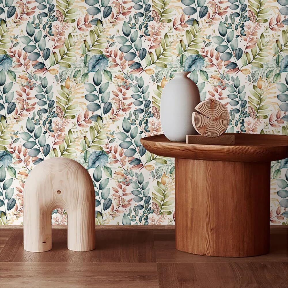 Beetal Colorful Leaf Green/Teal/Grass/Brown Botanical Peel And Stick Wallpaper Easy Peel Off Contact Paper Stick On Adhesive Wall Paper For Bathroom Waterproof Renter Friendly