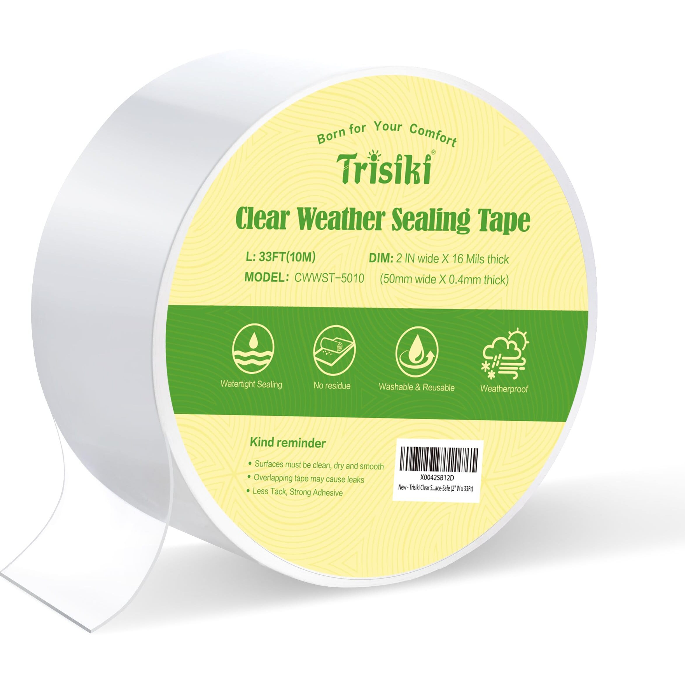 Trisiki Transparent Window Tape Sealing Weatherproofing, Window Weather Sealing Tape, Clear Window Insulation Tape For Doors Windows Shower Glass Gaps, Watertight, Surface-Safe, No Mess(2"" W X 33Ft)