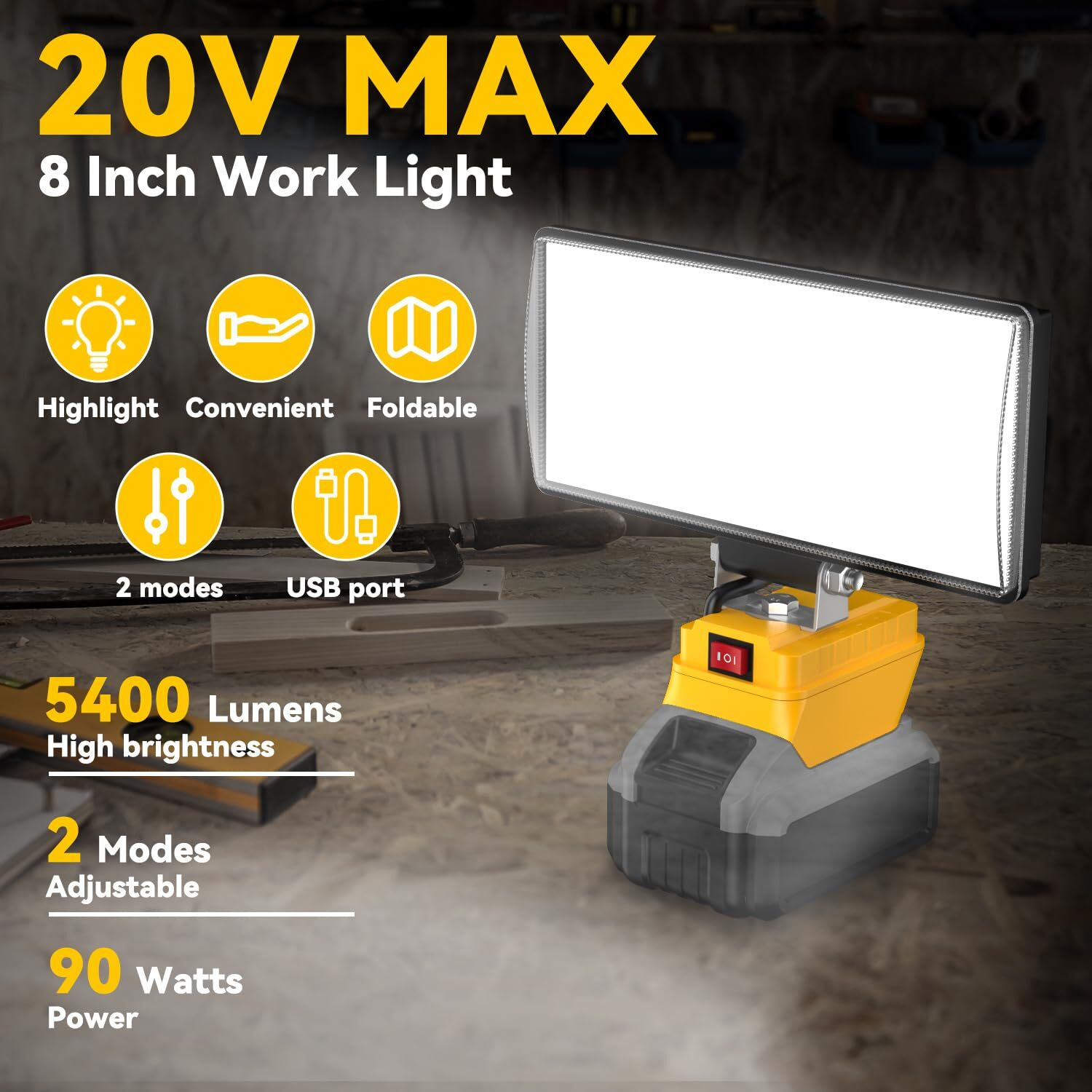 8"" Cordless Led Work Light For Dewalt 20V Max Battery, Two Levels Adjustable Led Floodlight Up To 90W 5400 Lumens With Type-C & Usb Charging Port, Portable Work Light For Camping, Outdoor(No Battery)