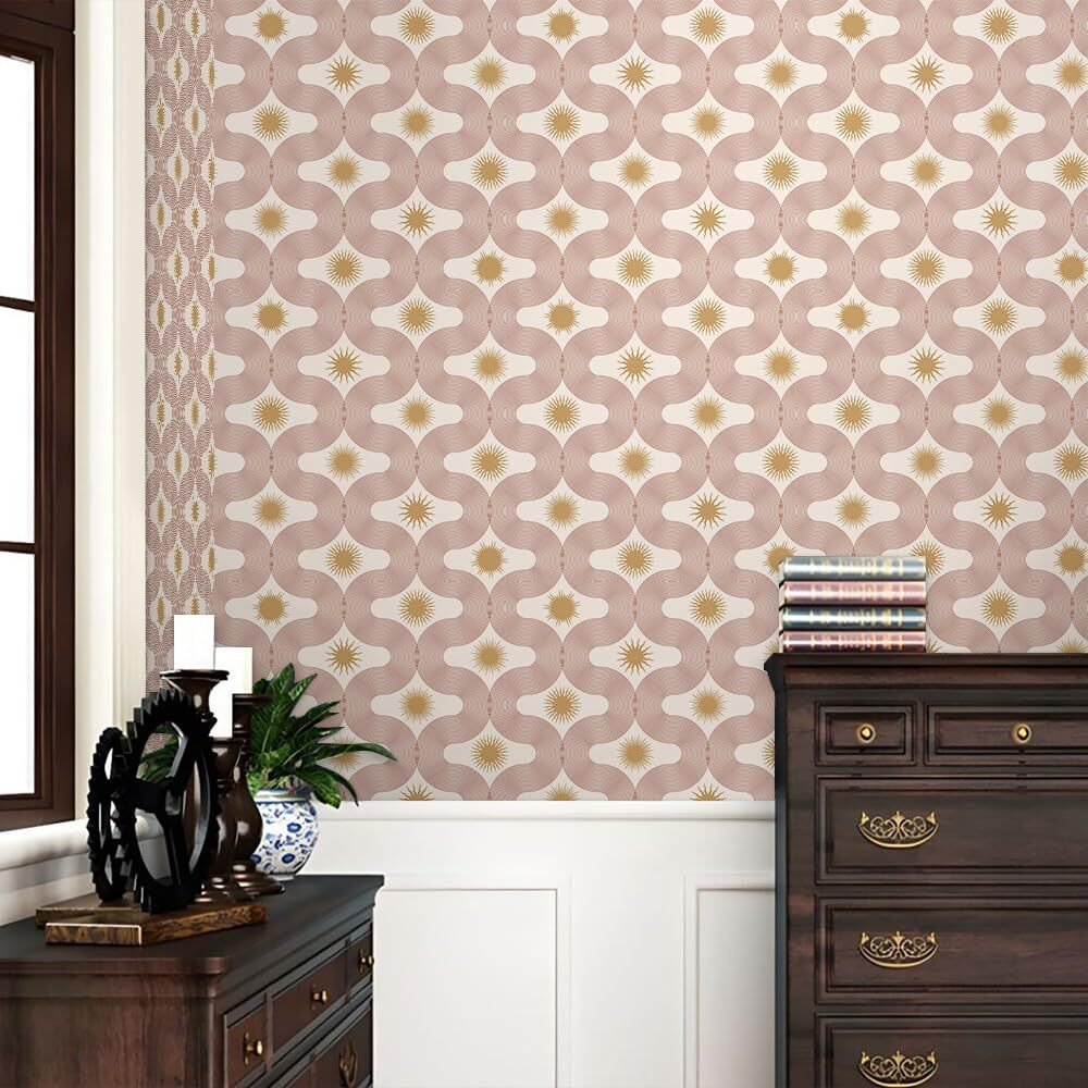 Redamancy Boho Beige/Yellow Modern Abstract Art Mosaic Sun Geometric Peel And Stick Wallpaper Stick On Contact Paper Vintage Wall Paper Easy Peel Off For Nightstand Drawer Cabinet Renter