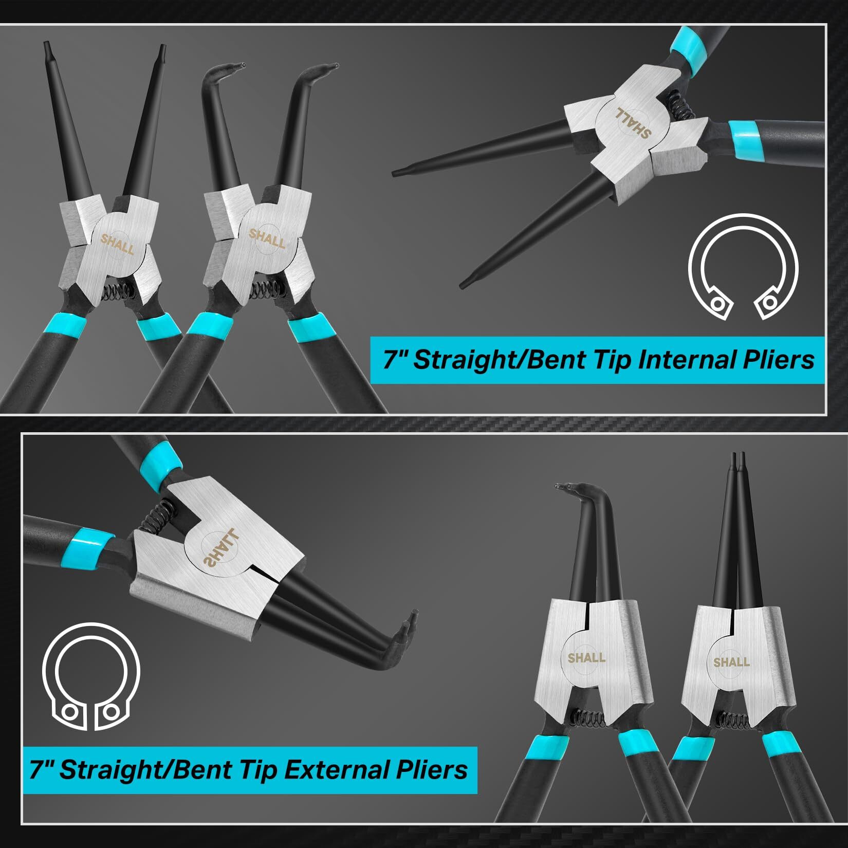 Shall 4Pcs Snap Ring Pliers Set, 7-Inch Internal External Circlip Pliers, Straight Bent C-Clip Pliers Lock Ring Pliers, 5/64"" Tip, Heavy Duty Reverse Pliers For Ring Remover Retaining W/Portable Pouch
