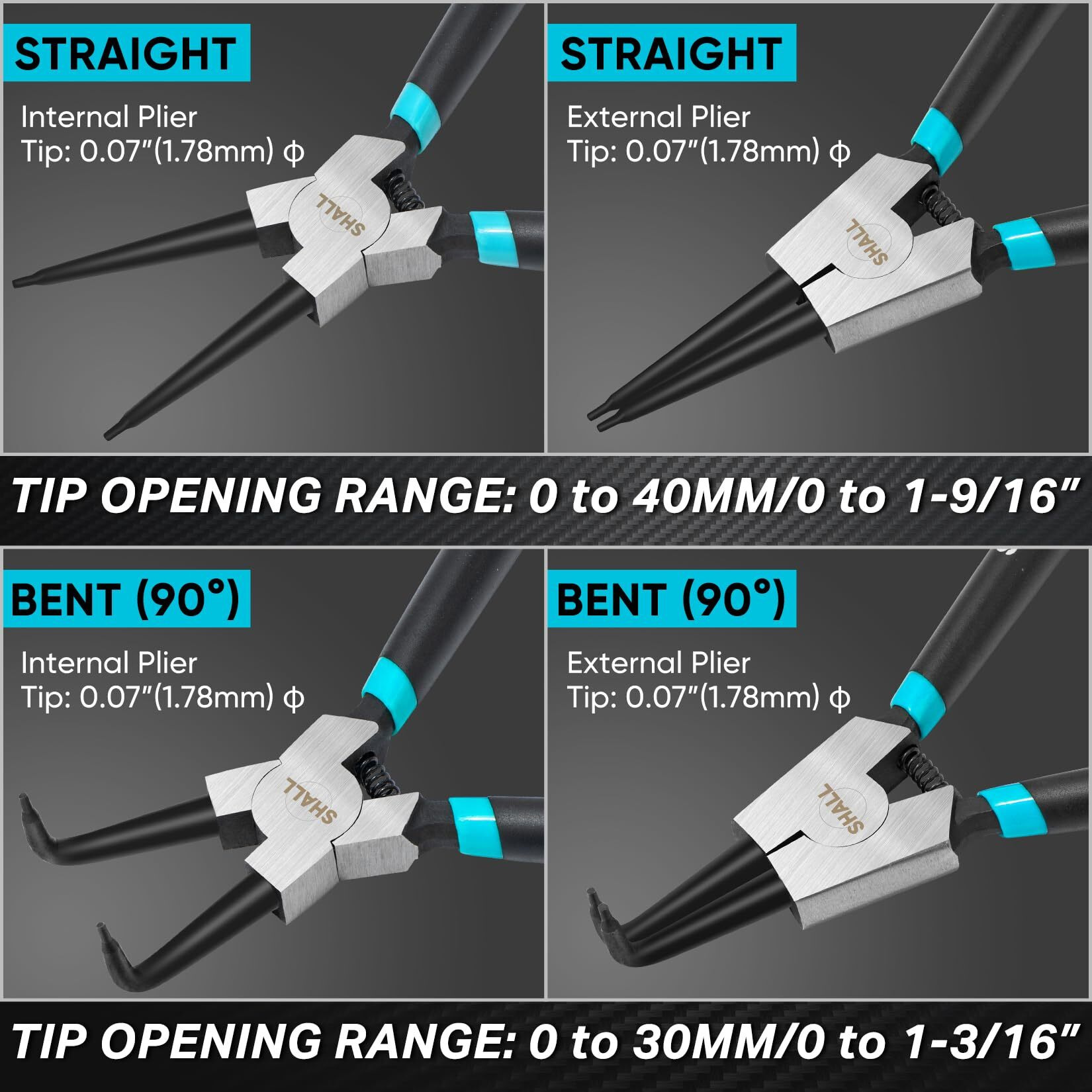 Shall 4Pcs Snap Ring Pliers Set, 7-Inch Internal External Circlip Pliers, Straight Bent C-Clip Pliers Lock Ring Pliers, 5/64"" Tip, Heavy Duty Reverse Pliers For Ring Remover Retaining W/Portable Pouch