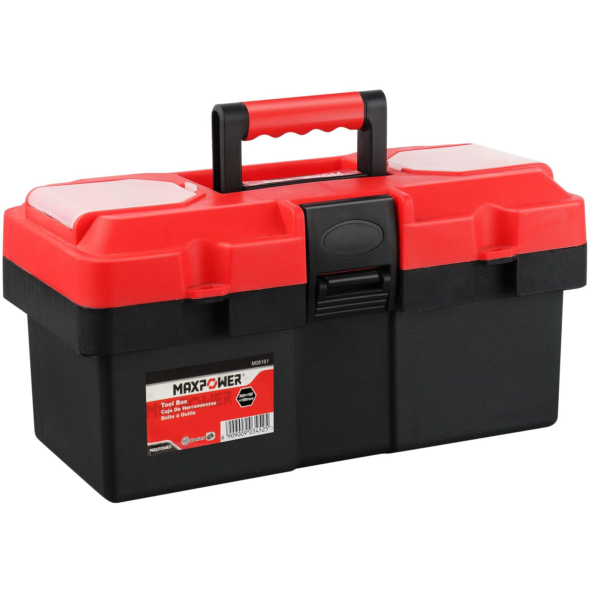 Maxpower Small Tool Box, 14-Inch Plastic Tool Boxes With Handle, Removable Tray With Dual Lock Secured, Red Toolbox For Home