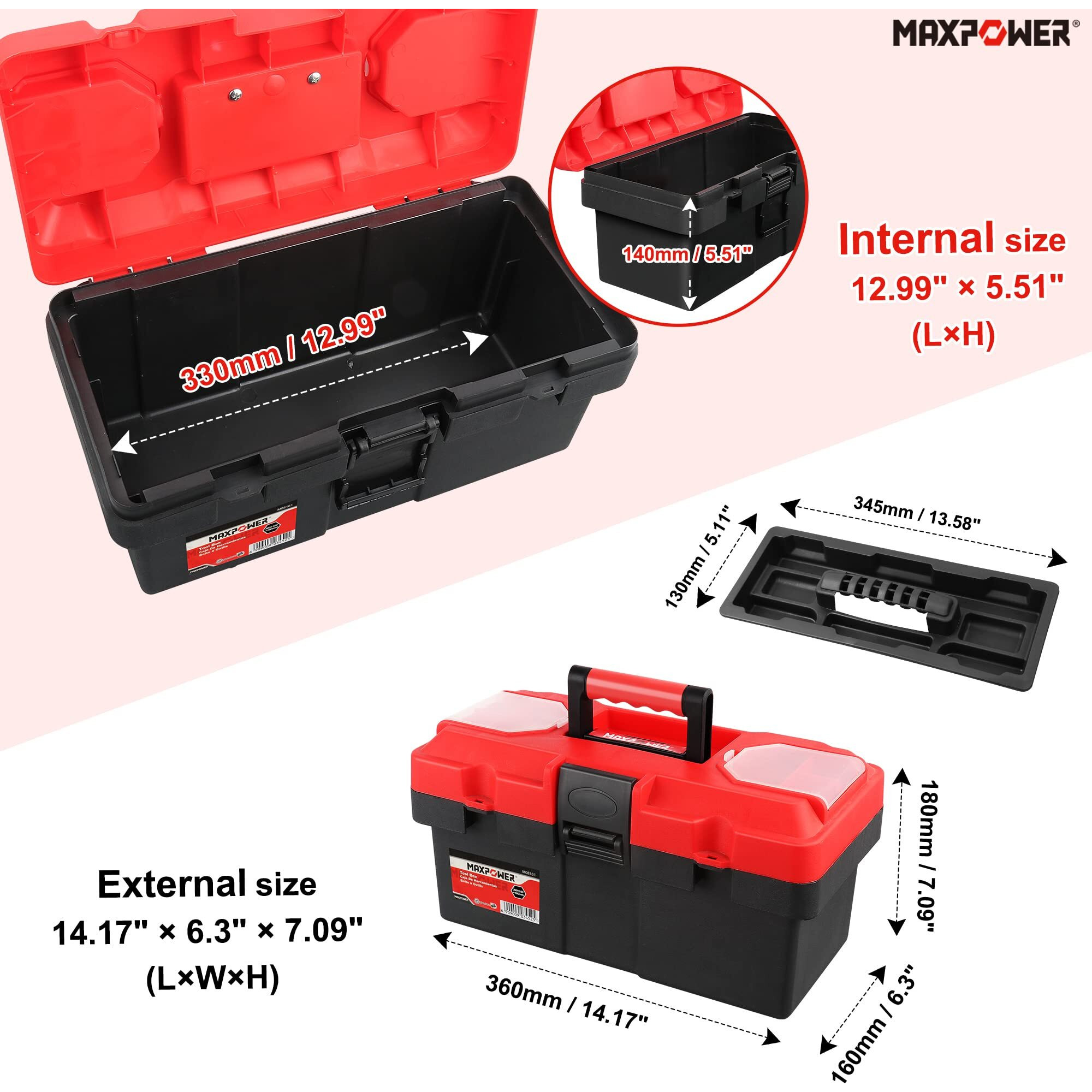 Maxpower Small Tool Box, 14-Inch Plastic Tool Boxes With Handle, Removable Tray With Dual Lock Secured, Red Toolbox For Home