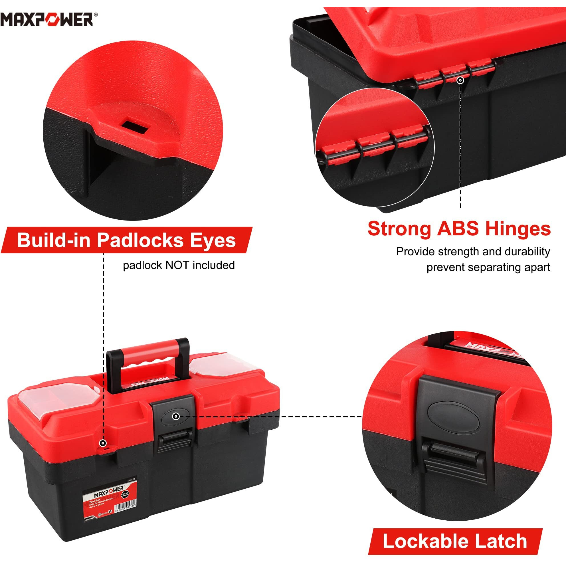 Maxpower Small Tool Box, 14-Inch Plastic Tool Boxes With Handle, Removable Tray With Dual Lock Secured, Red Toolbox For Home