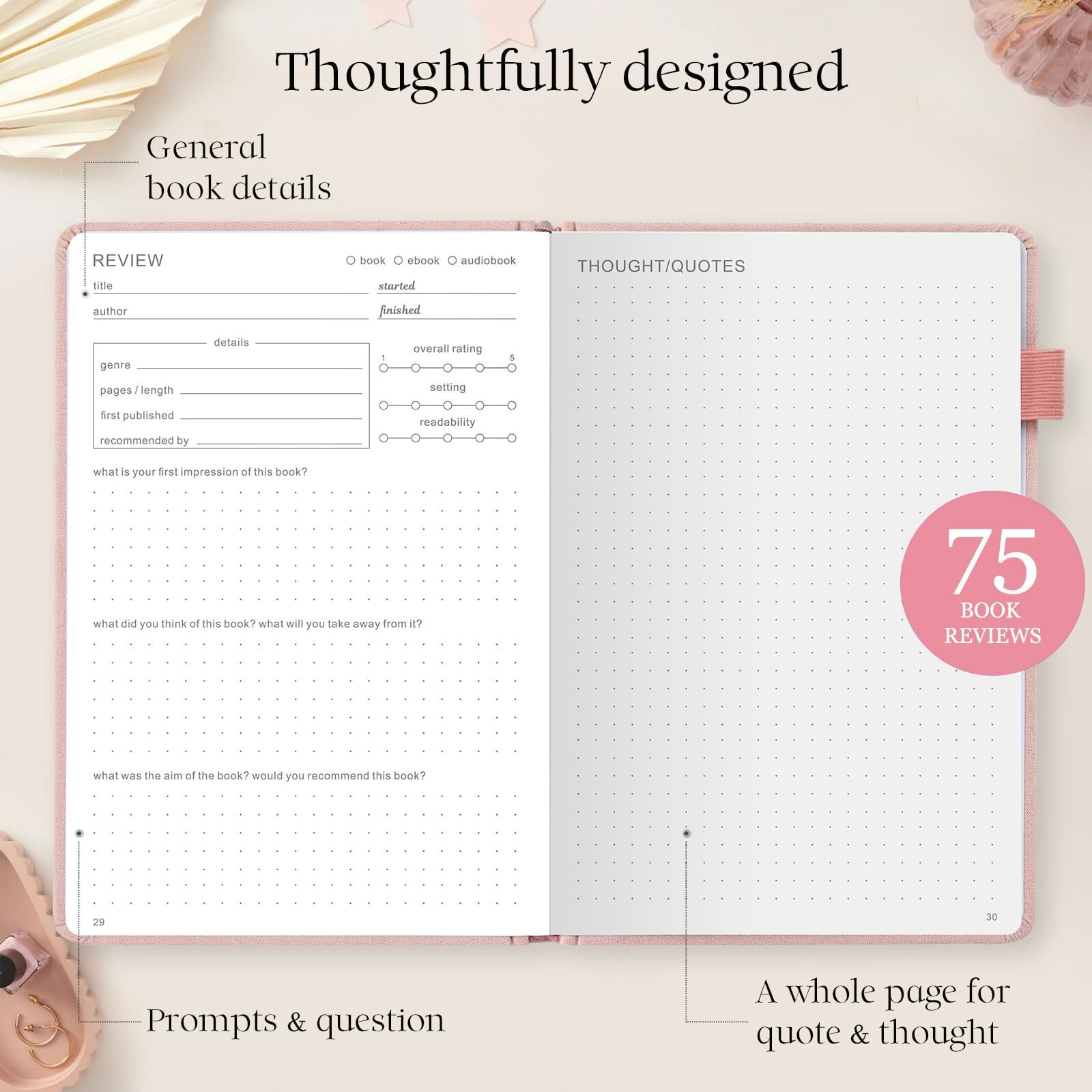 5 Minutes A Day Reading Journal With 75 Book Review, Book Journal For Book Lovers, Readers - Review Prompts & Daily And Monthly Reading Tracking & Reading Challenge, Reading Notebook Gift, A5, Pink