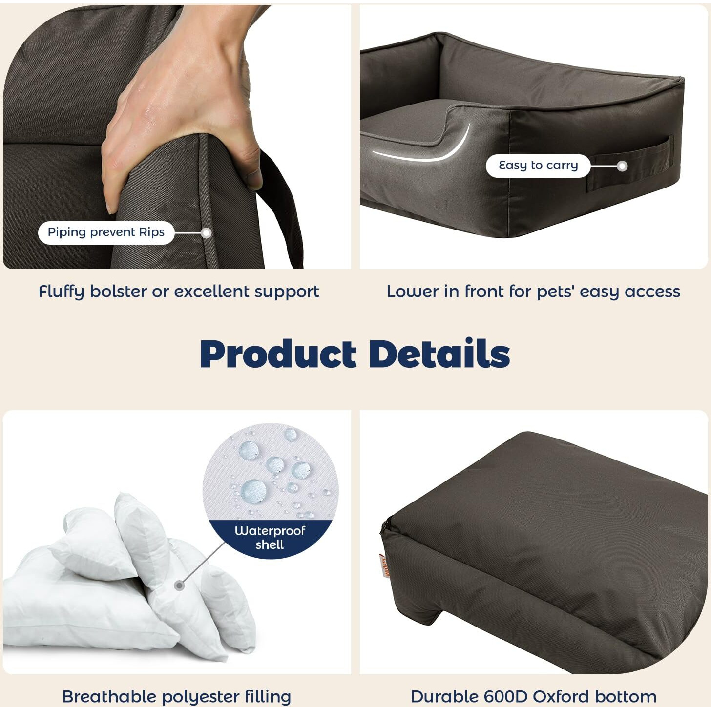 Miguel Outdoor Waterproof Cat Bed With Side, Oxford Durable Dog Bed For Small Dog Easy Clean, All Weather Rectangle Medium Pet Bed Bolster Tough Puppy Bed Scratch Resistant Removable Cover, 20 Inches