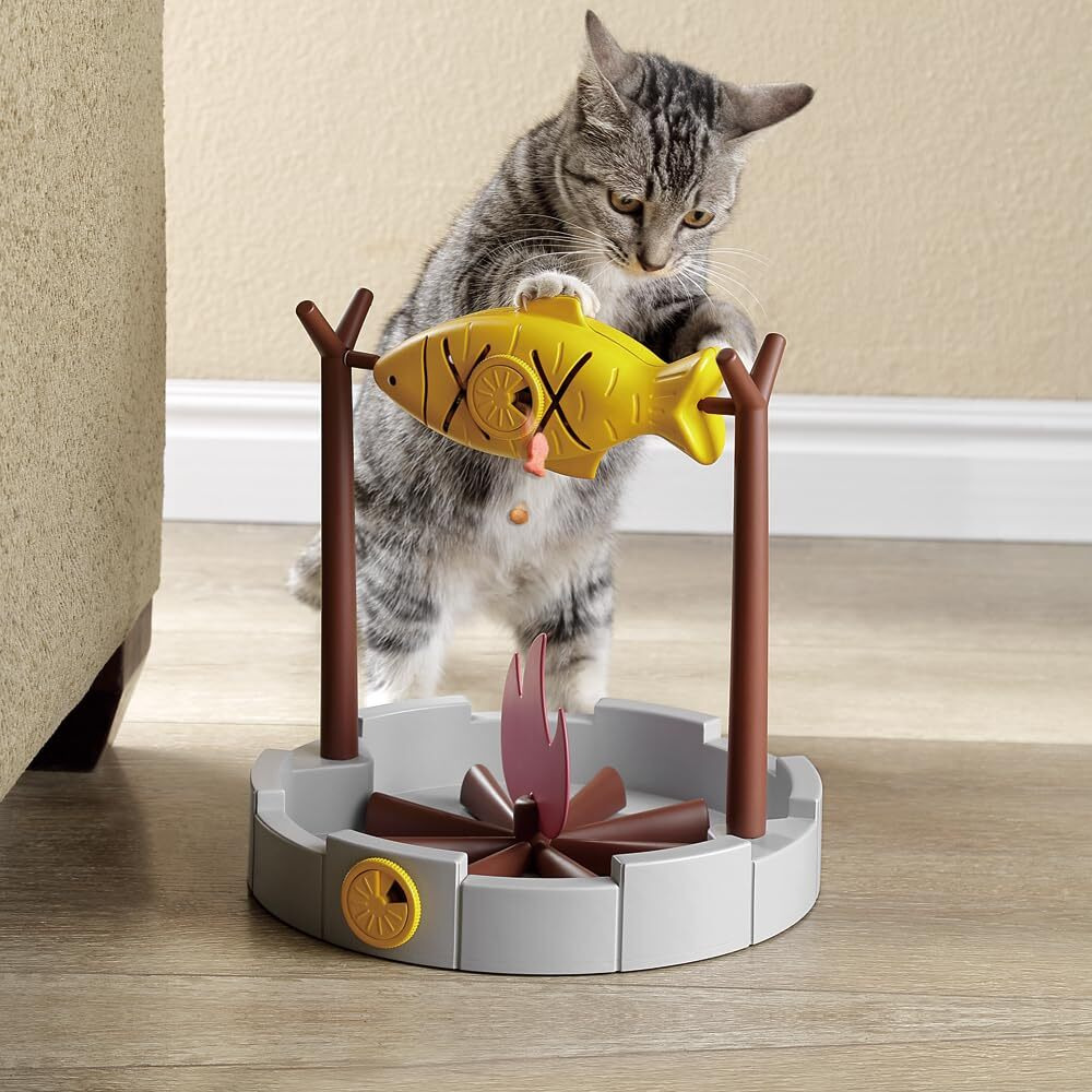 Petpals 11"" High Cats Treat-Dispensing Slow Feeder,Pets Dry Food Dispenser,Cats Slow Feeding Snack Bowl, Grilled Fish Spinning Toy, Food Puzzle Cat Toy