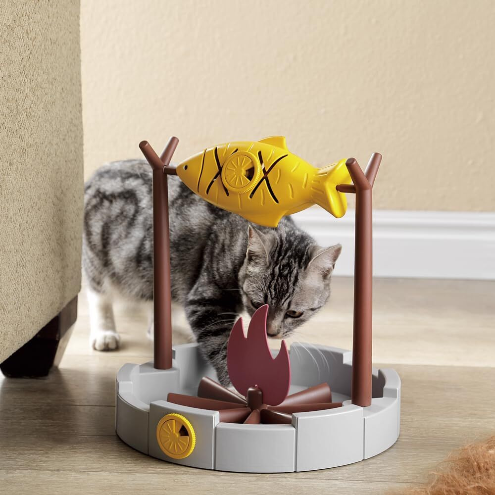 Petpals 11"" High Cats Treat-Dispensing Slow Feeder,Pets Dry Food Dispenser,Cats Slow Feeding Snack Bowl, Grilled Fish Spinning Toy, Food Puzzle Cat Toy