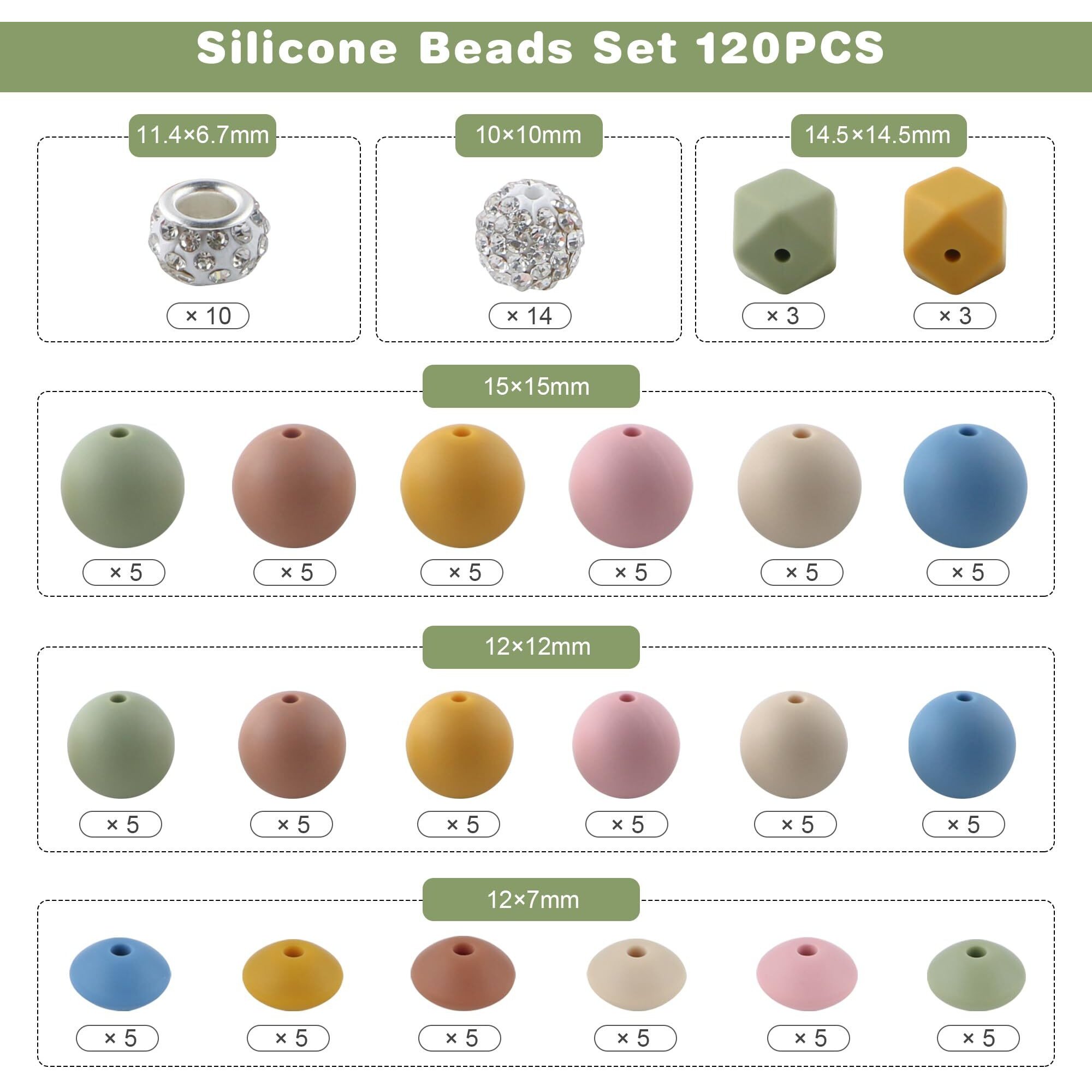 Lovyomi 120Pcs Multicolor Silicone Beads Set, 14Mm Hexagon 12Mm 15Mm Silicone Beads For Keychain Making And 10Mm Rhinestone Round Beads Spacer Beads For Pens Crafts(Mustard)