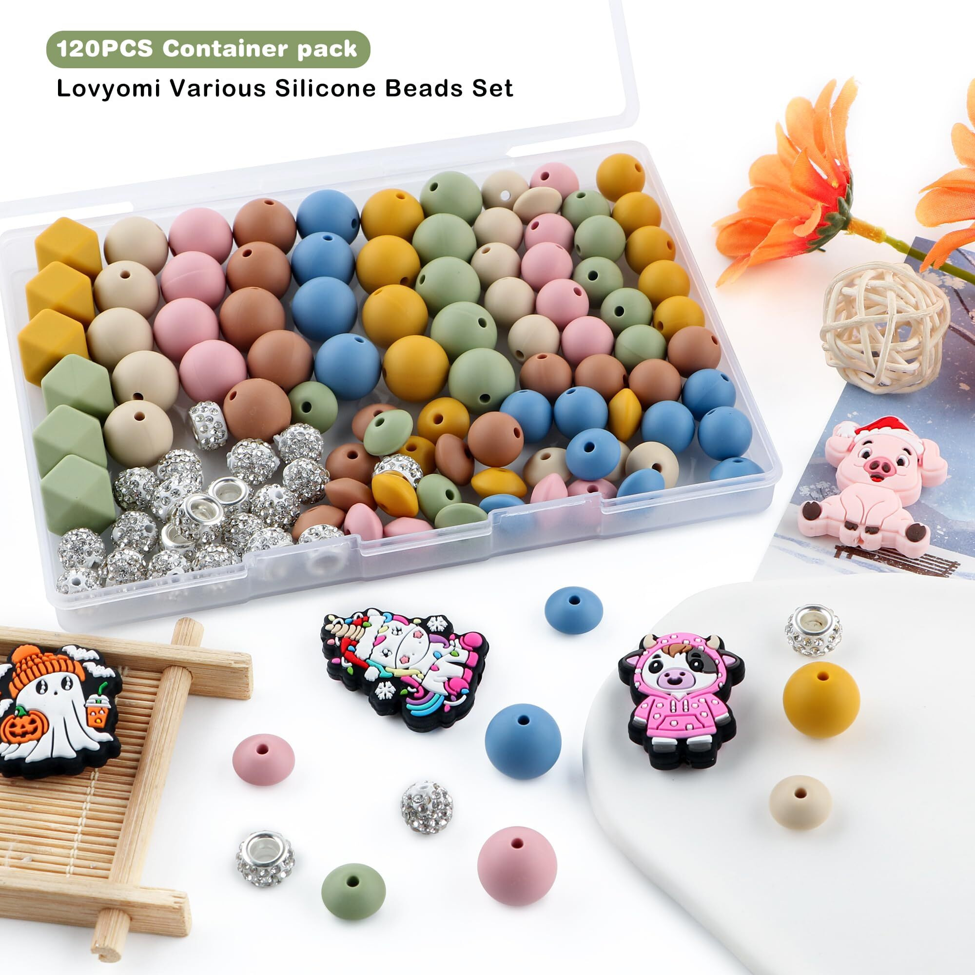 Lovyomi 120Pcs Multicolor Silicone Beads Set, 14Mm Hexagon 12Mm 15Mm Silicone Beads For Keychain Making And 10Mm Rhinestone Round Beads Spacer Beads For Pens Crafts(Mustard)