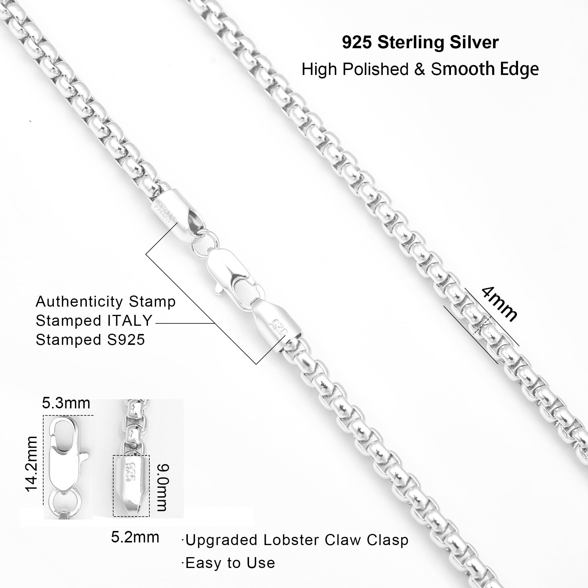 Waitsoul 925 Sterling Silver Box Chain Lobster Clasp 4Mm Silver Chain For Women Men Silver Necklace Chain 16-30 Inches (18)