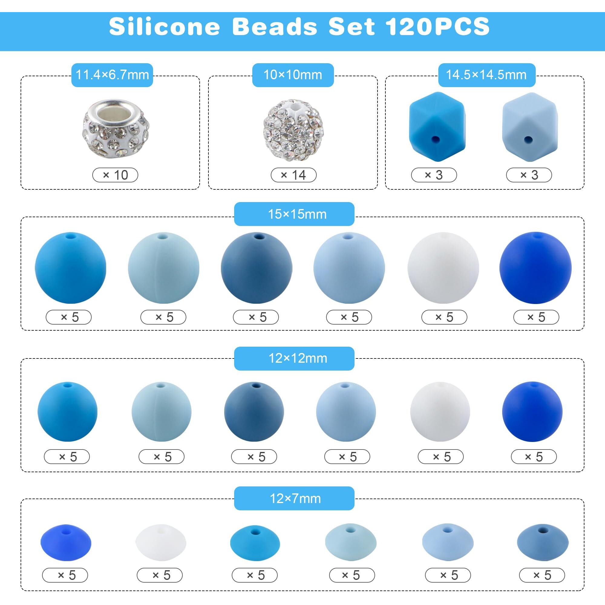 Lovyomi 120Pcs Multicolor Silicone Beads Set, 14Mm Hexagon 12Mm 15Mm Silicone Beads For Keychain Making And 10Mm Rhinestone Round Beads Spacer Beads For Pens Crafts(Blue)