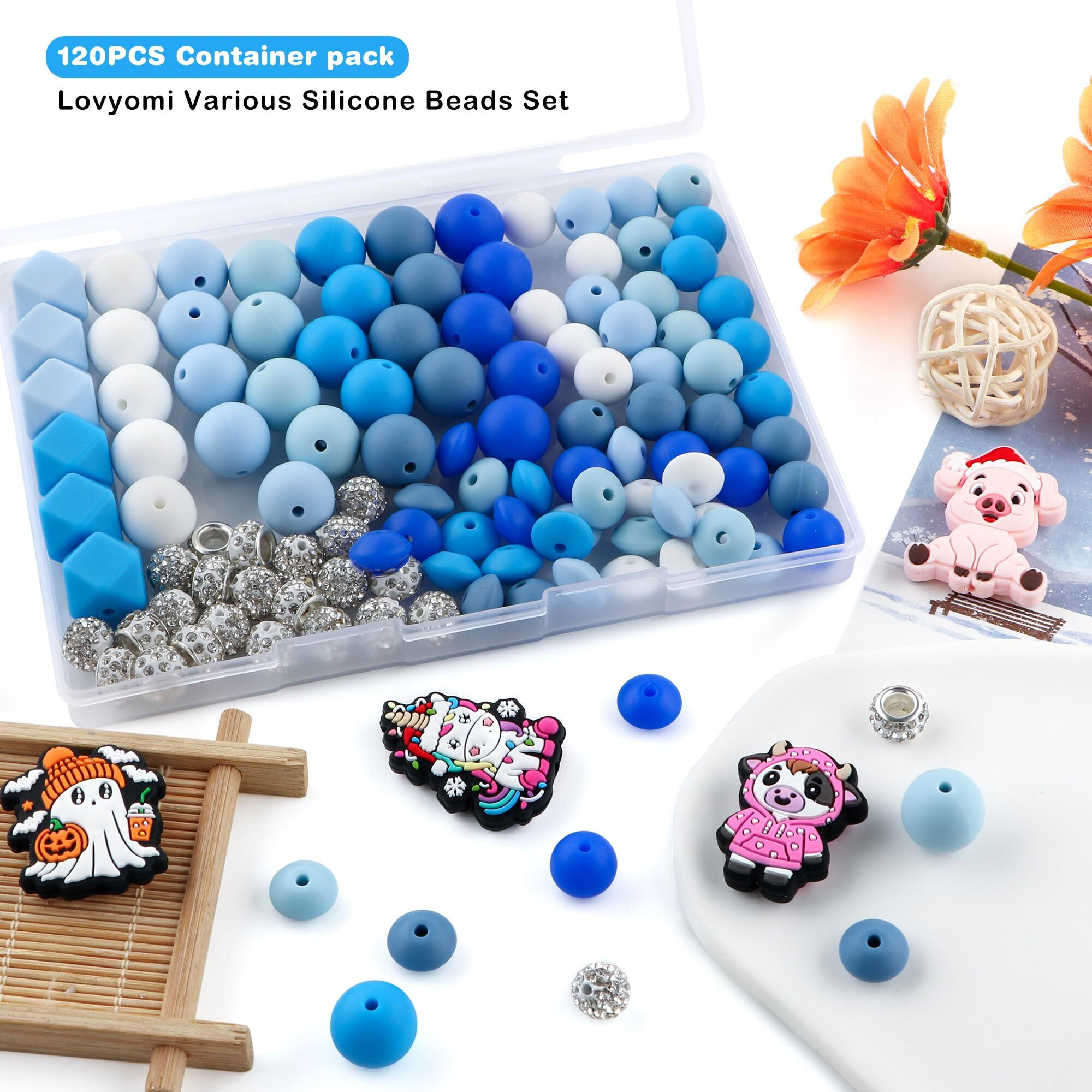 Lovyomi 120Pcs Multicolor Silicone Beads Set, 14Mm Hexagon 12Mm 15Mm Silicone Beads For Keychain Making And 10Mm Rhinestone Round Beads Spacer Beads For Pens Crafts(Blue)