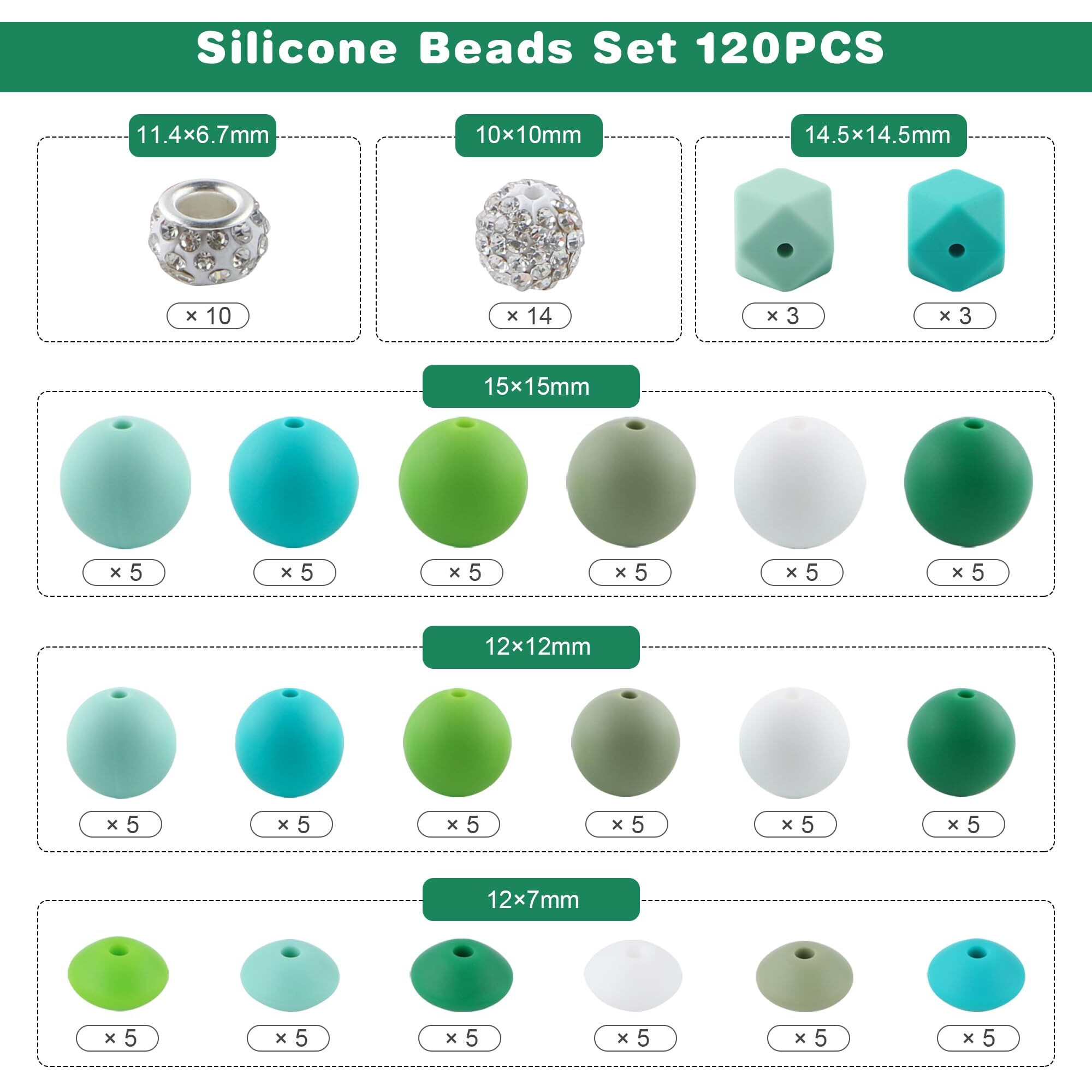 Lovyomi 120Pcs Multicolor Silicone Beads Set, 14Mm Hexagon 12Mm 15Mm Silicone Beads For Keychain Making And 10Mm Rhinestone Round Beads Spacer Beads For Pens Crafts(Green)