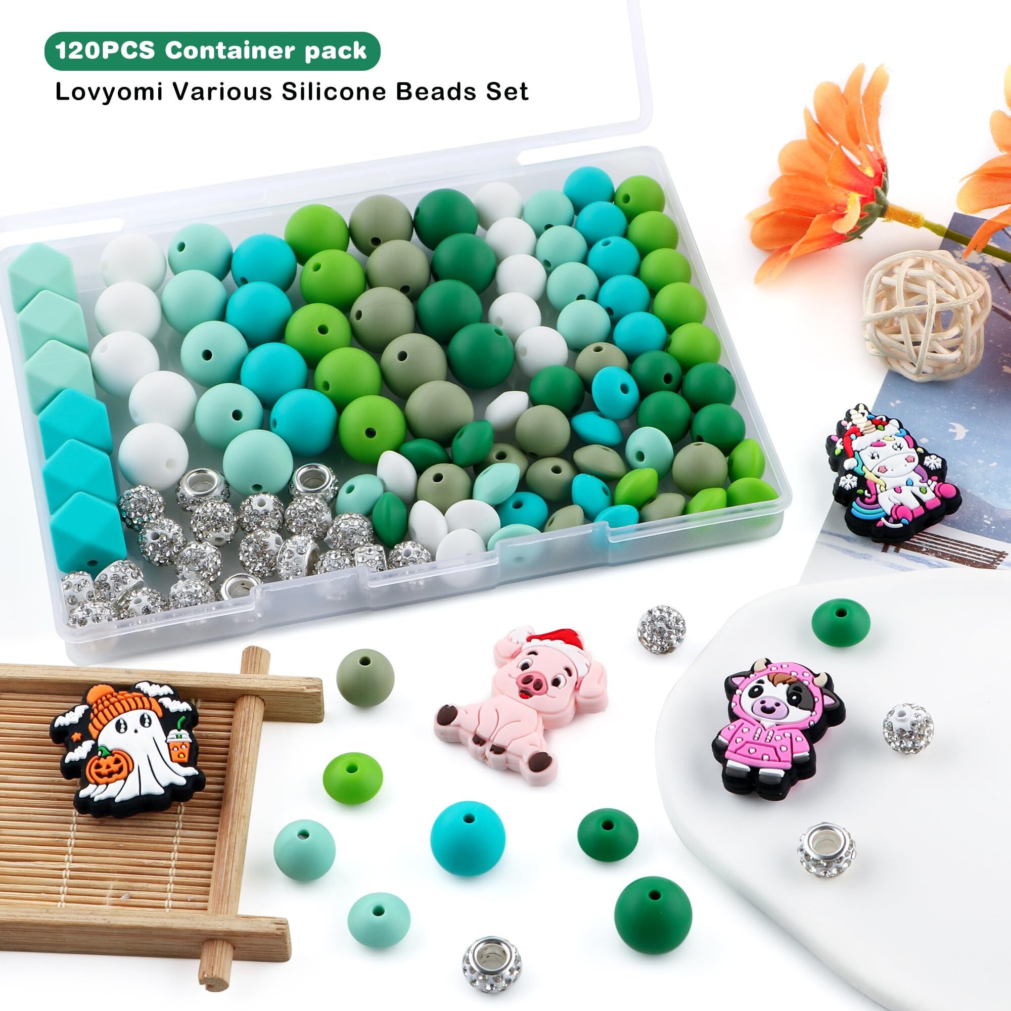 Lovyomi 120Pcs Multicolor Silicone Beads Set, 14Mm Hexagon 12Mm 15Mm Silicone Beads For Keychain Making And 10Mm Rhinestone Round Beads Spacer Beads For Pens Crafts(Green)