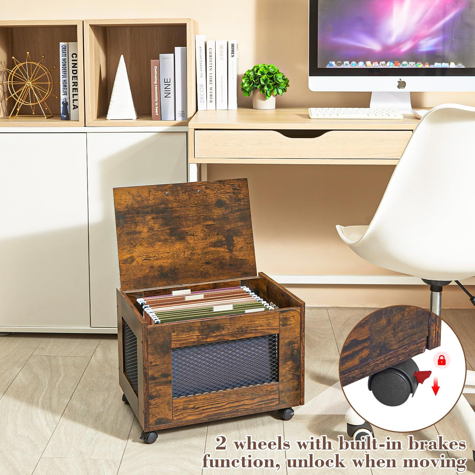 Sbanmao Rolling File Cabinet Cart, Hanging File Organizer Box With Lid For Home Office, Small Filing Cabinet On Wheels Under Desk, Mobile Decorative Document Storage Basket For Letter & Legal Size