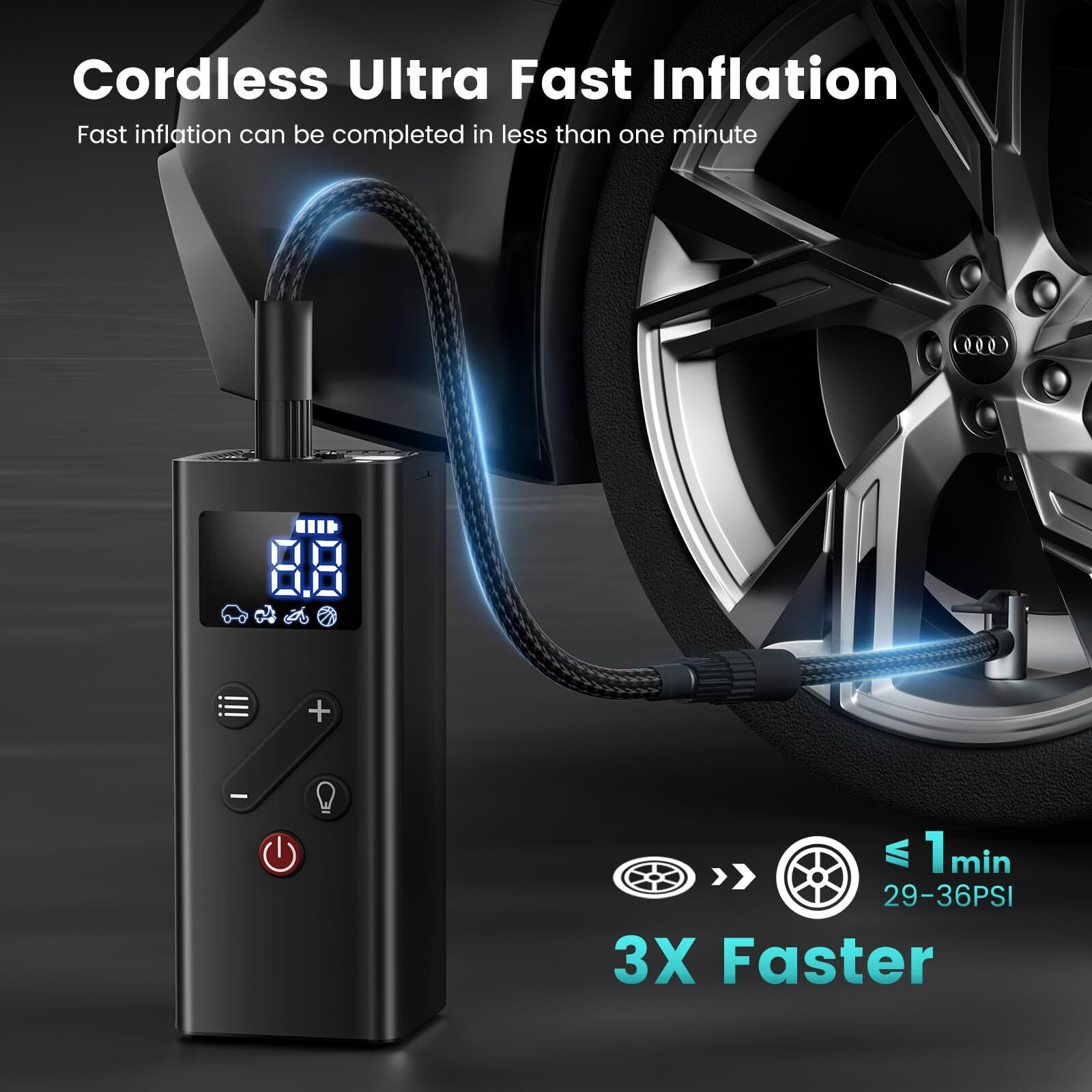 Tire Inflator Portable Air Compressor, 150Psi Cordless Air Pump For Car Tires, 4X Faster Bike Tire Pump With Pressure Detection, Air Pump For Car Tires For Car Motor Bike Ball (Black)