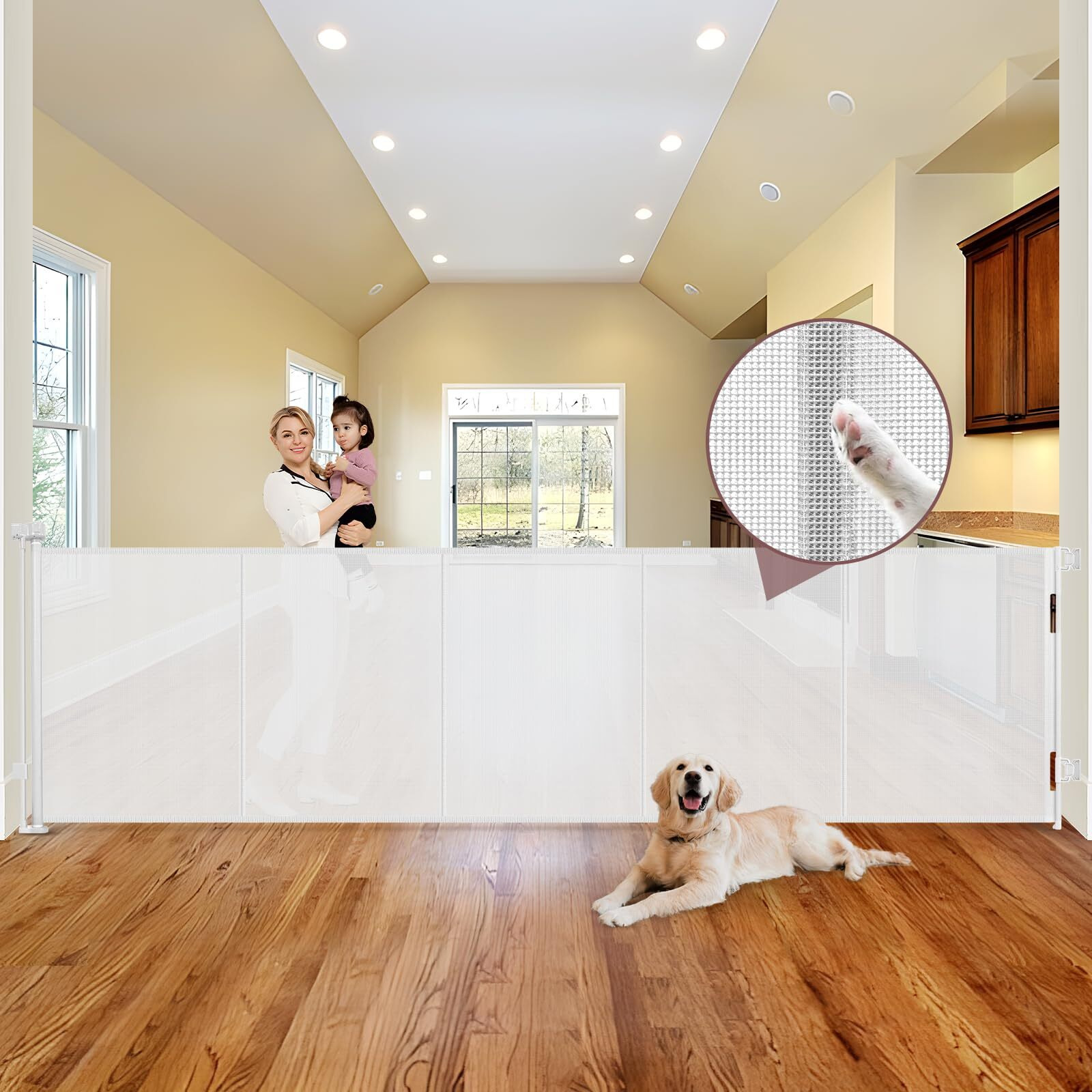 Reinforced 41"" Extra Tall Retractable Baby Gates Extra Wide 120"" Retractable Dog Gate With Support Rods, Indoor Mesh Baby Gate Retractable Gate Outdoor Extra Tall Dog Gate For Large Openings, White
