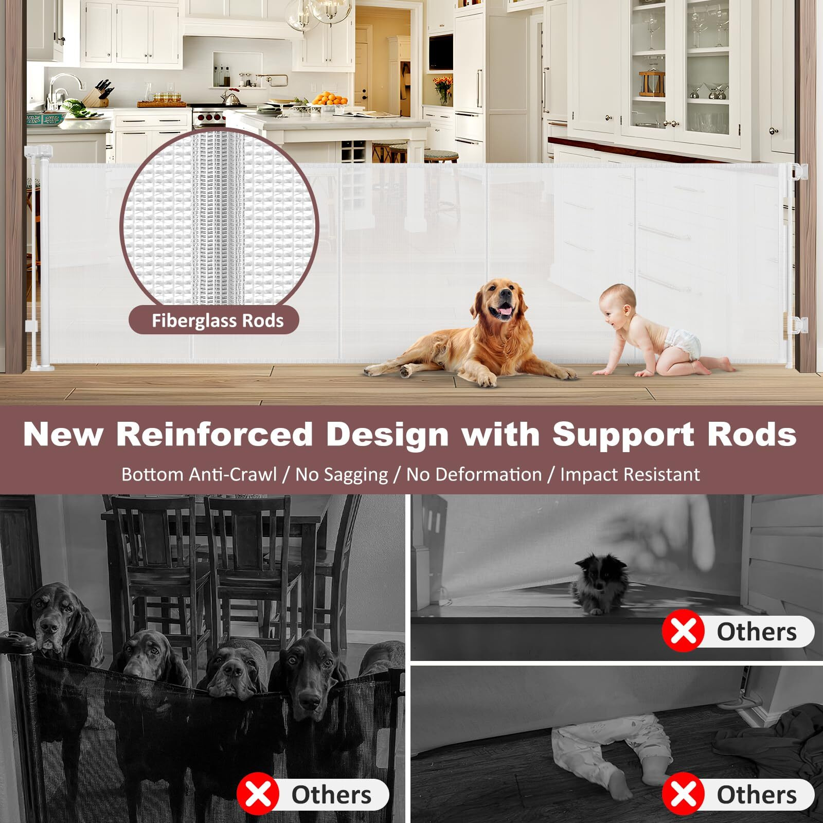 Reinforced 41"" Extra Tall Retractable Baby Gates Extra Wide 120"" Retractable Dog Gate With Support Rods, Indoor Mesh Baby Gate Retractable Gate Outdoor Extra Tall Dog Gate For Large Openings, White