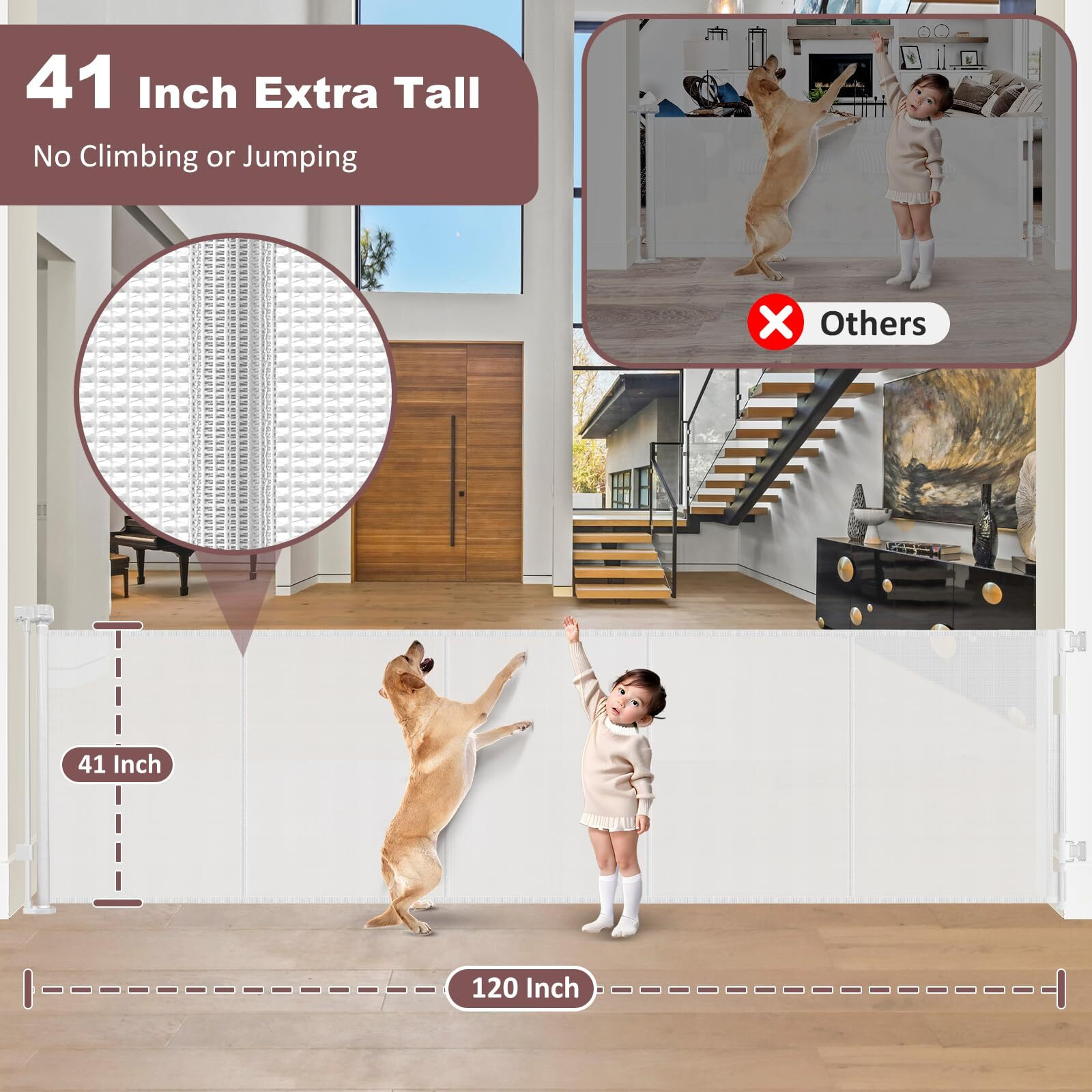 Reinforced 41"" Extra Tall Retractable Baby Gates Extra Wide 120"" Retractable Dog Gate With Support Rods, Indoor Mesh Baby Gate Retractable Gate Outdoor Extra Tall Dog Gate For Large Openings, White