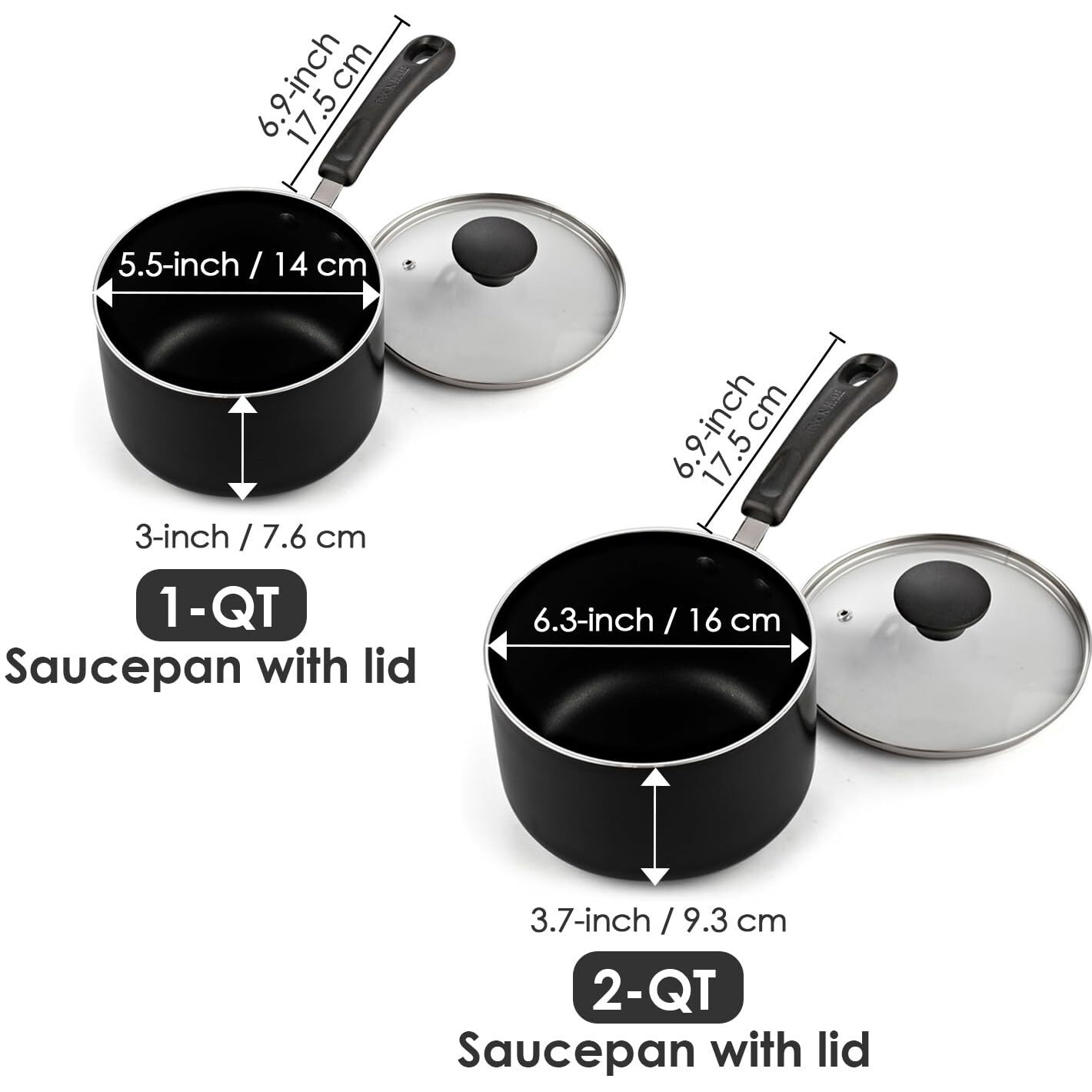 Cook N Home Nonstick Sauce Pan Set 1Qt And 2Qt, Multi-Purpose Pots Set Saucepan Kitchenware With Glass Lid, Black, Aluminum