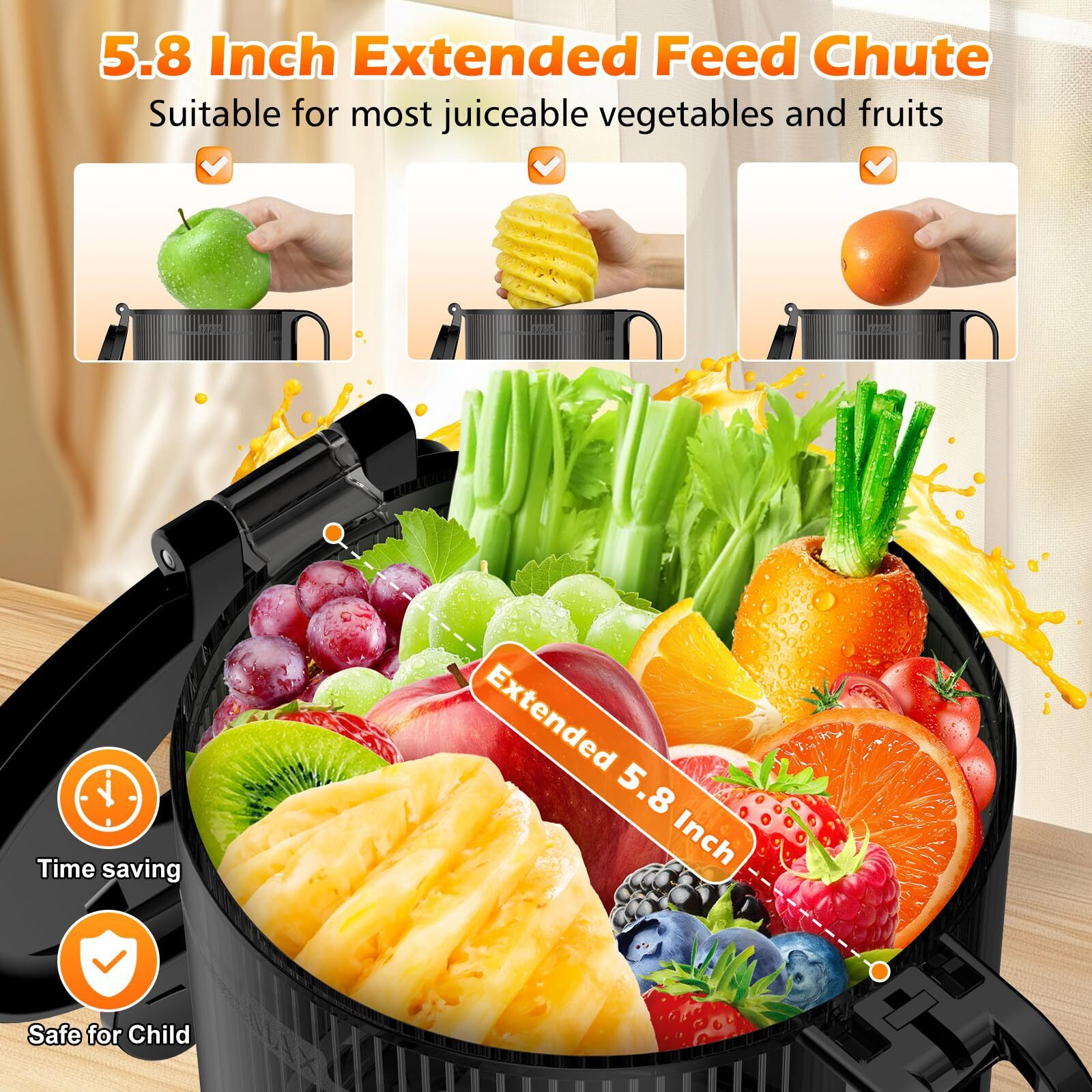 Juicer Machines With 5.8"" Extra Large Feed Chute, Cold Press Juicer For Whole Vegetables And Fruits, 350W Professional Masticating Juicer Easy To Clean For Batch Juicing (Titanium Gray)