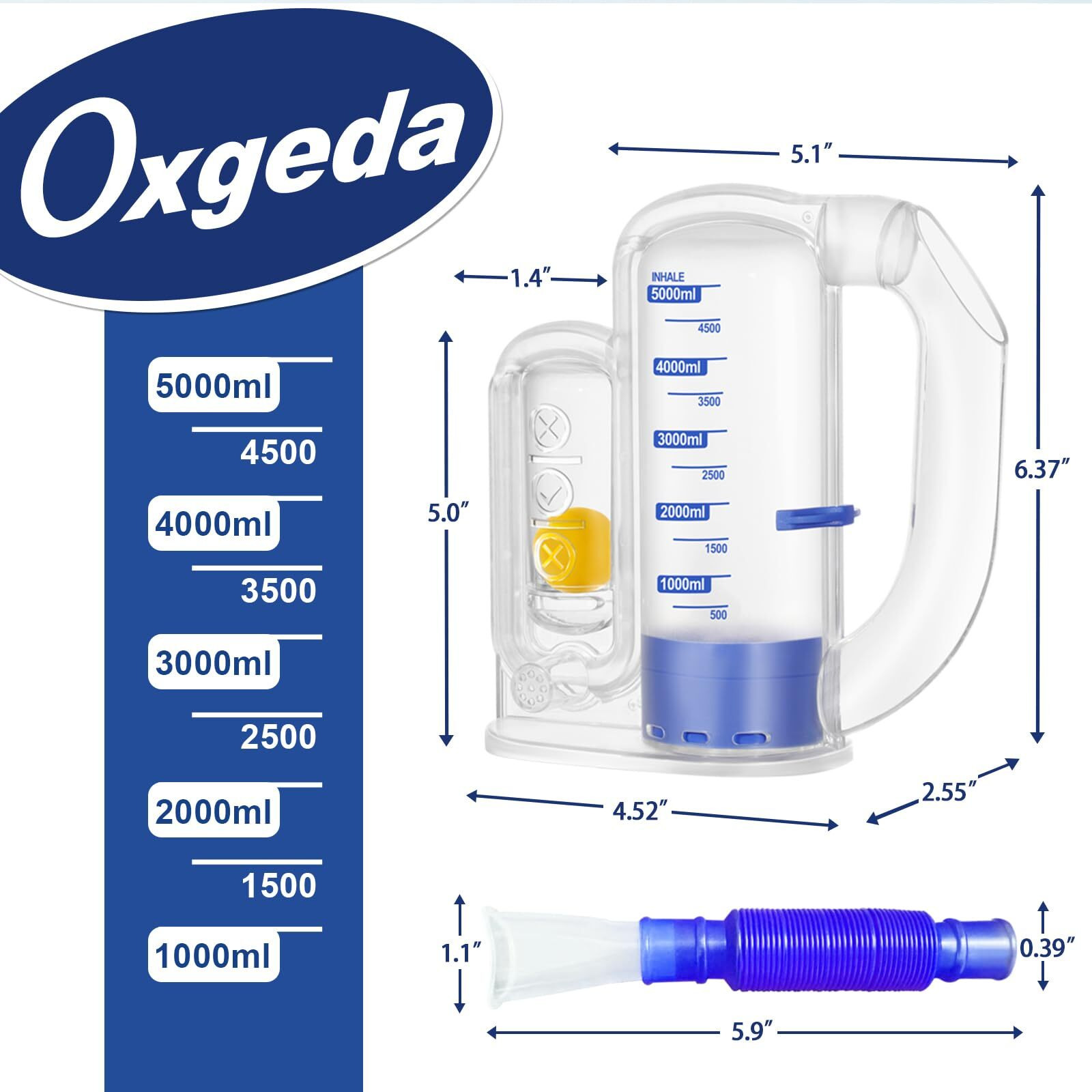Incentive Spirometer, Breathing Exercise Device For Lungs, 5000Ml Capacity For Deep Inhalation, Durable Medical-Grade Pc Material | Airflow Indicator For Steady Inhalation Practice